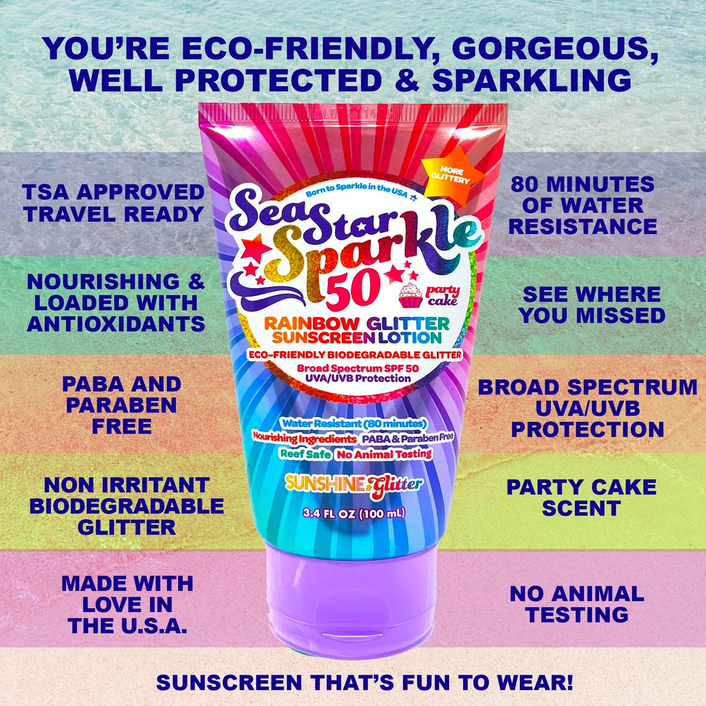 Sunshine & Glitter Seastar Sparkle SPF 50 Glitter Sunscreen – Biodegradable Rainbow Glitter, Made in USA, 3.4oz