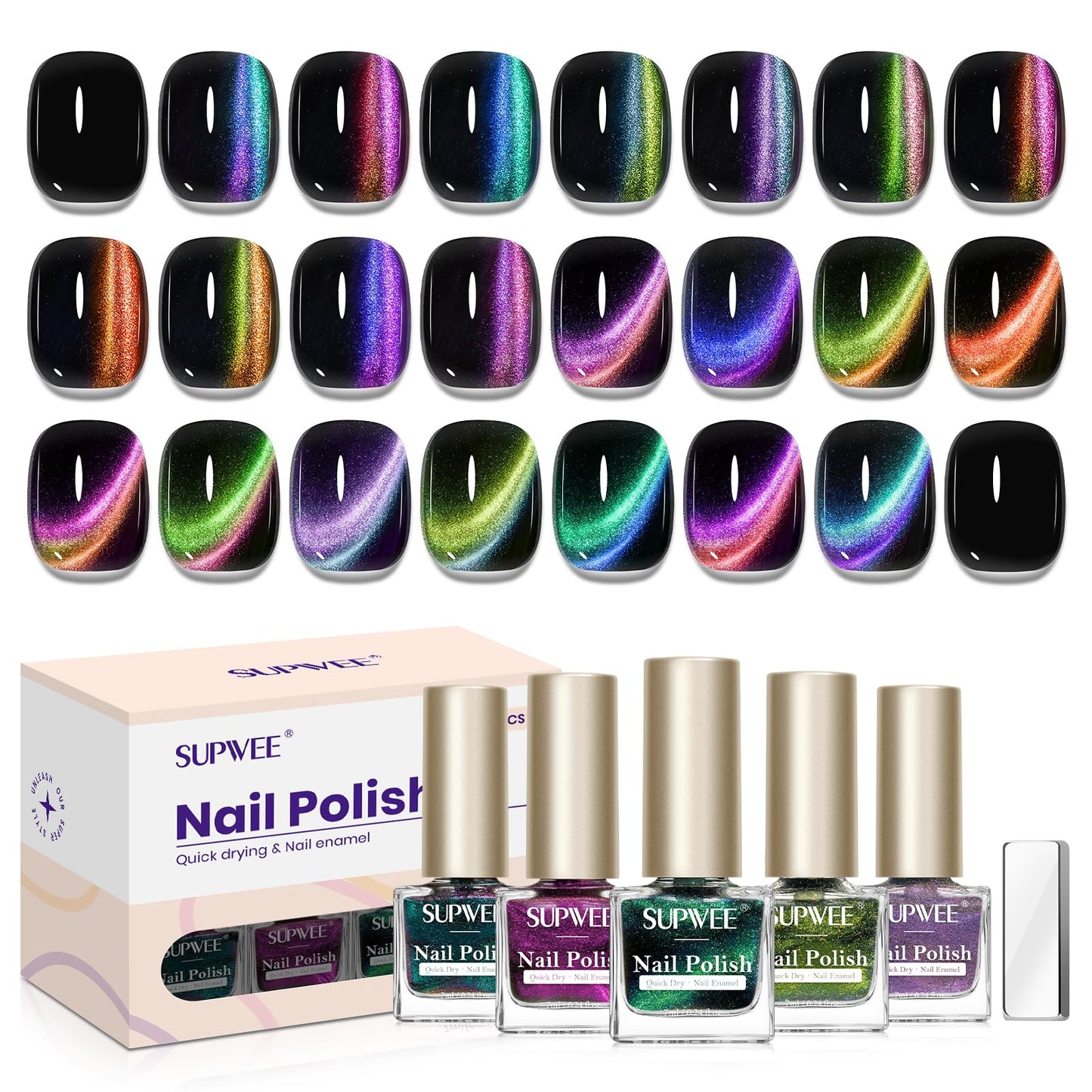 SUPWEE Magnetic Cat Eye Nail Polish Set – 12 Quick-Dry, Air-Dry, Non-Gel, Vegan