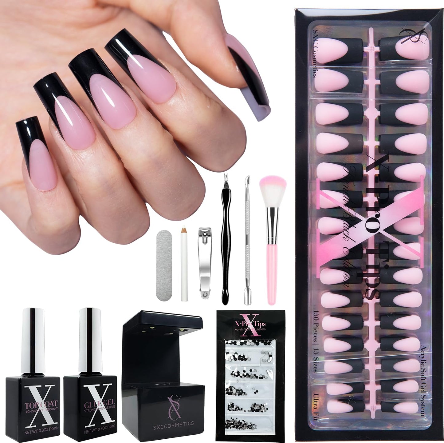 SXC Cosmetics French Tip Press On Nails – Black Series, Medium Square | X-Pro Tips Starter Kit, 150PCS, 15 Sizes, 5 Styles, Beginner-Friendly