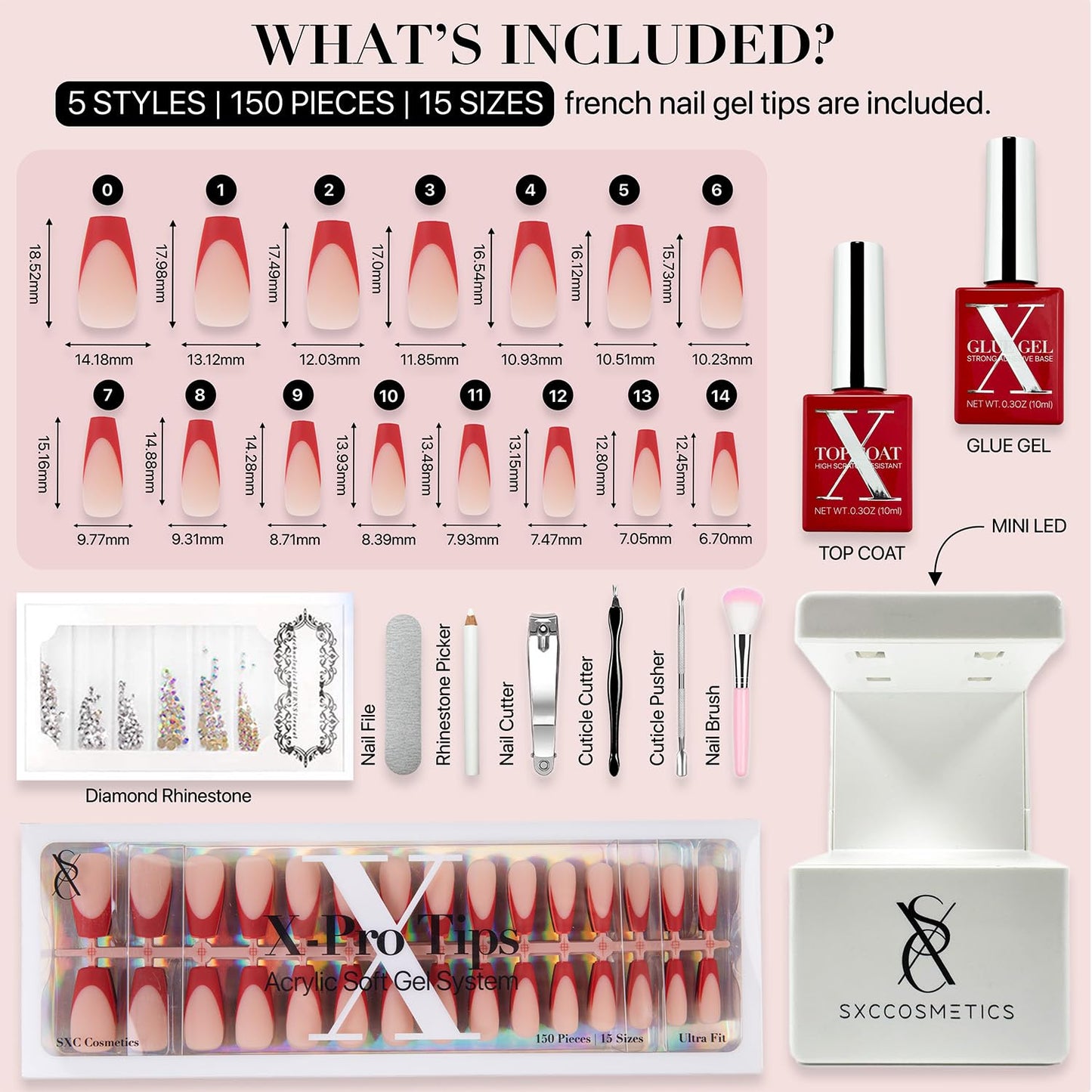 SXC Cosmetics X-Pro Tips French Tip Press-On Nails – French Red Edition, Coffin Shape (RED120KIT-M)