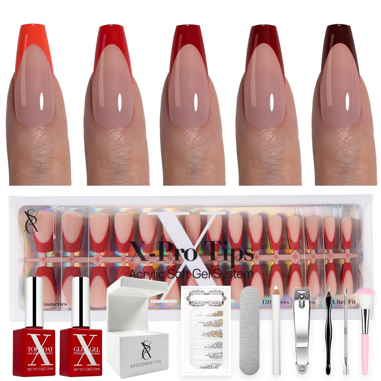 SXC Cosmetics X-Pro Tips French Tip Press-On Nails – French Red Edition, Coffin Shape (RED120KIT-M)