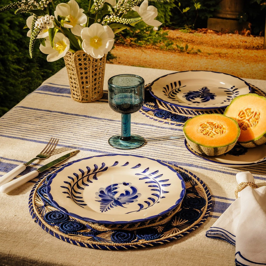 Amelia Linen Tablecloth, Blue Stripe