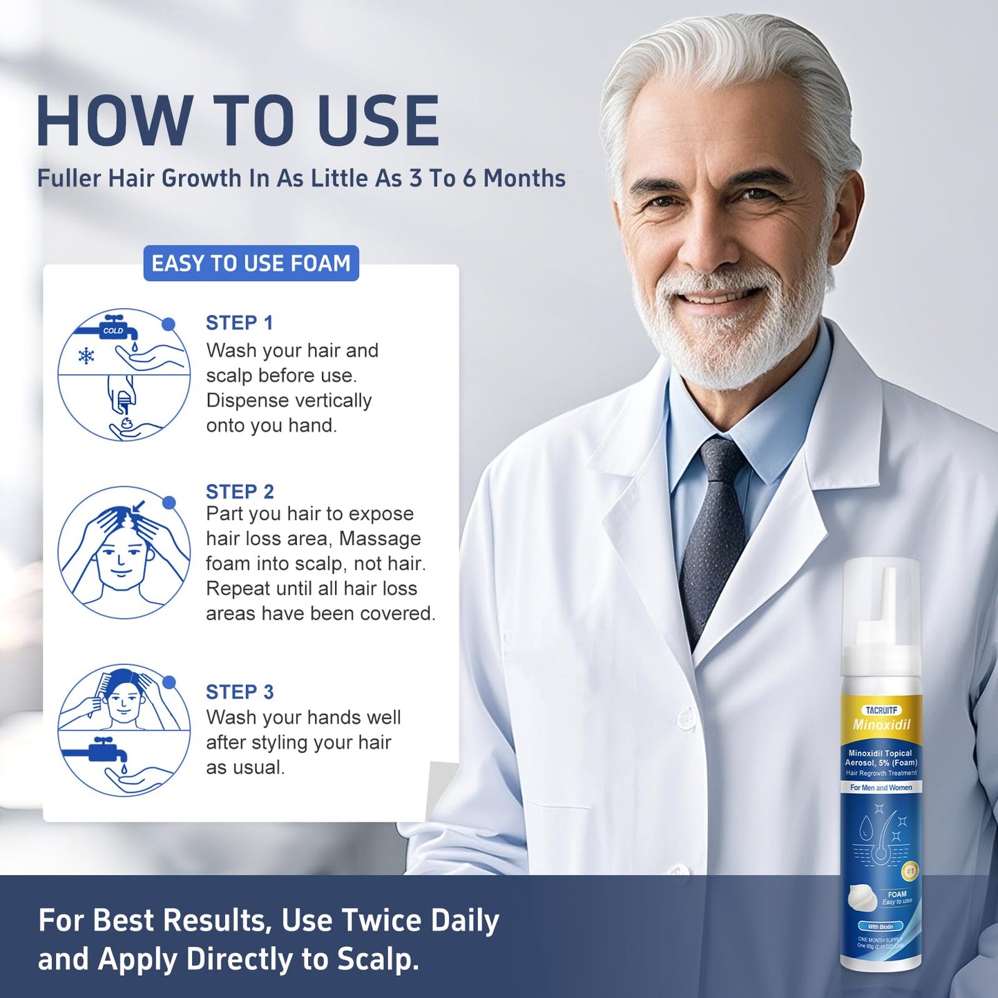 Tacruitf 4-Pack Minoxidil Foam 5% – Hair & Beard Growth, Biotin-Infused, 8.44 oz