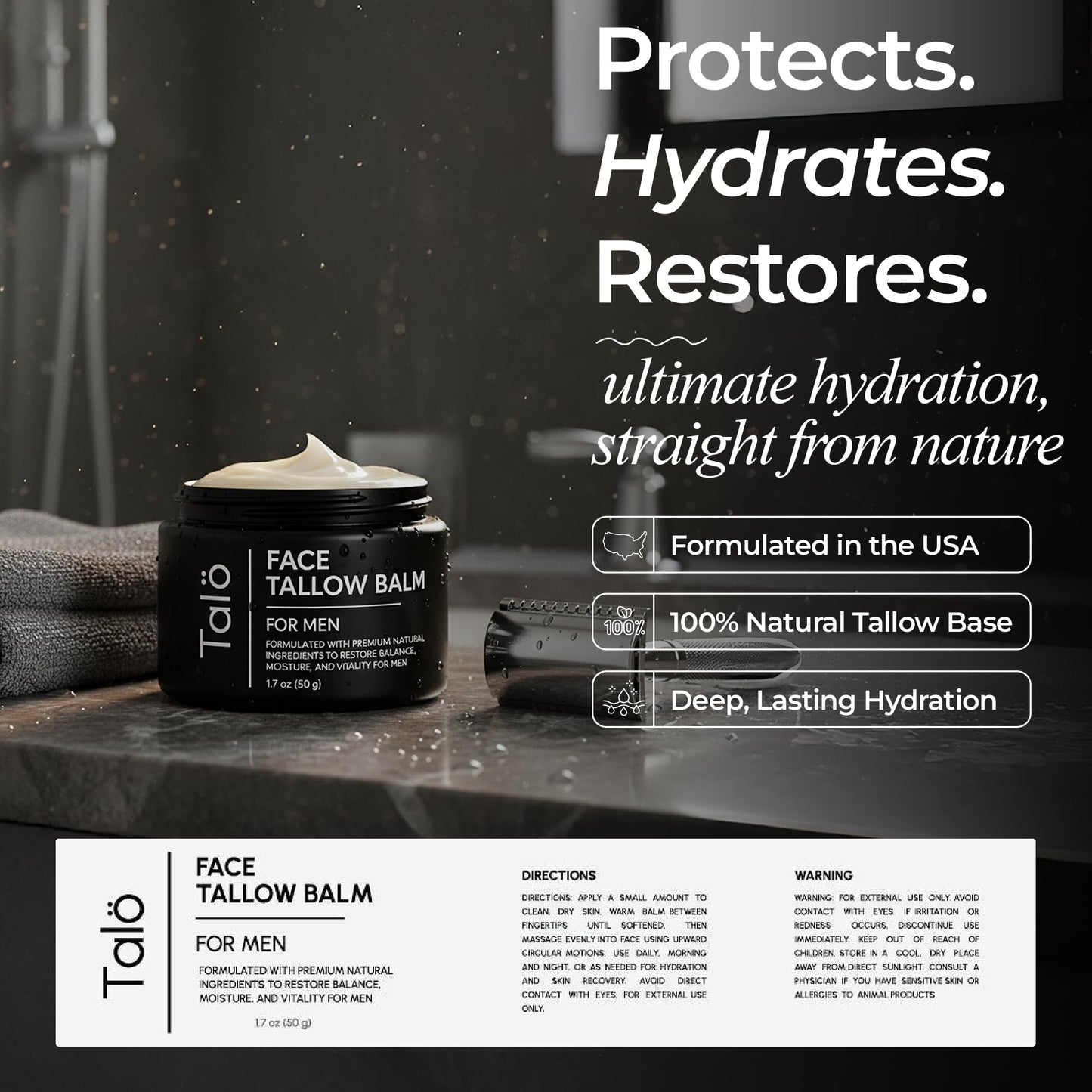 TALÖ Beef Tallow Moisturizer for Men | 100% Natural Grass-Fed Tallow, No Fillers