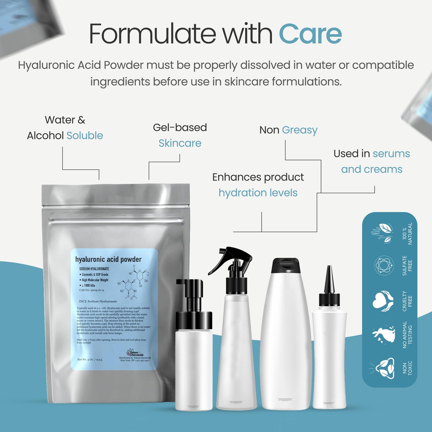 Talsen Chemicals Pure Hyaluronic Acid Powder 1800 kDa+ (2 oz / 56 g) – DIY Serums, Natural Cosmetic Grade