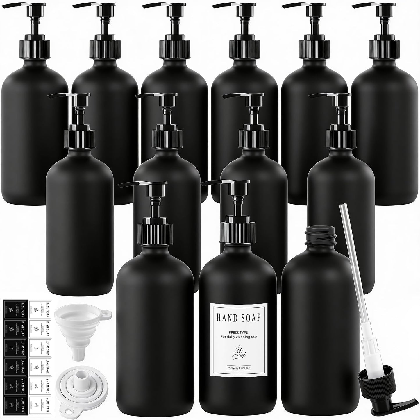 TBWIND 12-Pack 16oz Black Glass Soap Dispenser Bottles with Pumps – Refillable, Leak-Proof & Durable