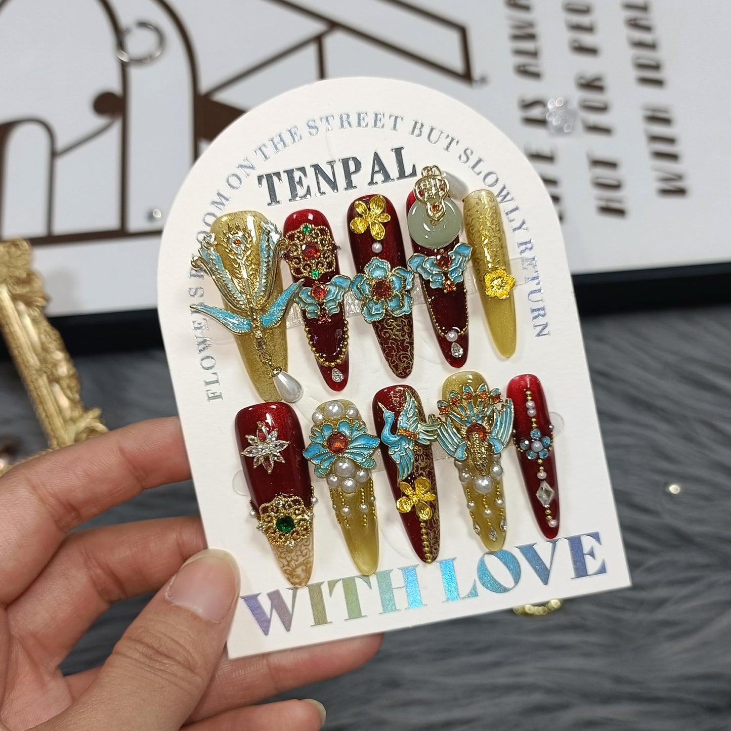 TENPAL 10Pcs Heirloom Bridal Press-On Nails – Red Gold Phoenix Dragon Designs, Long Stiletto