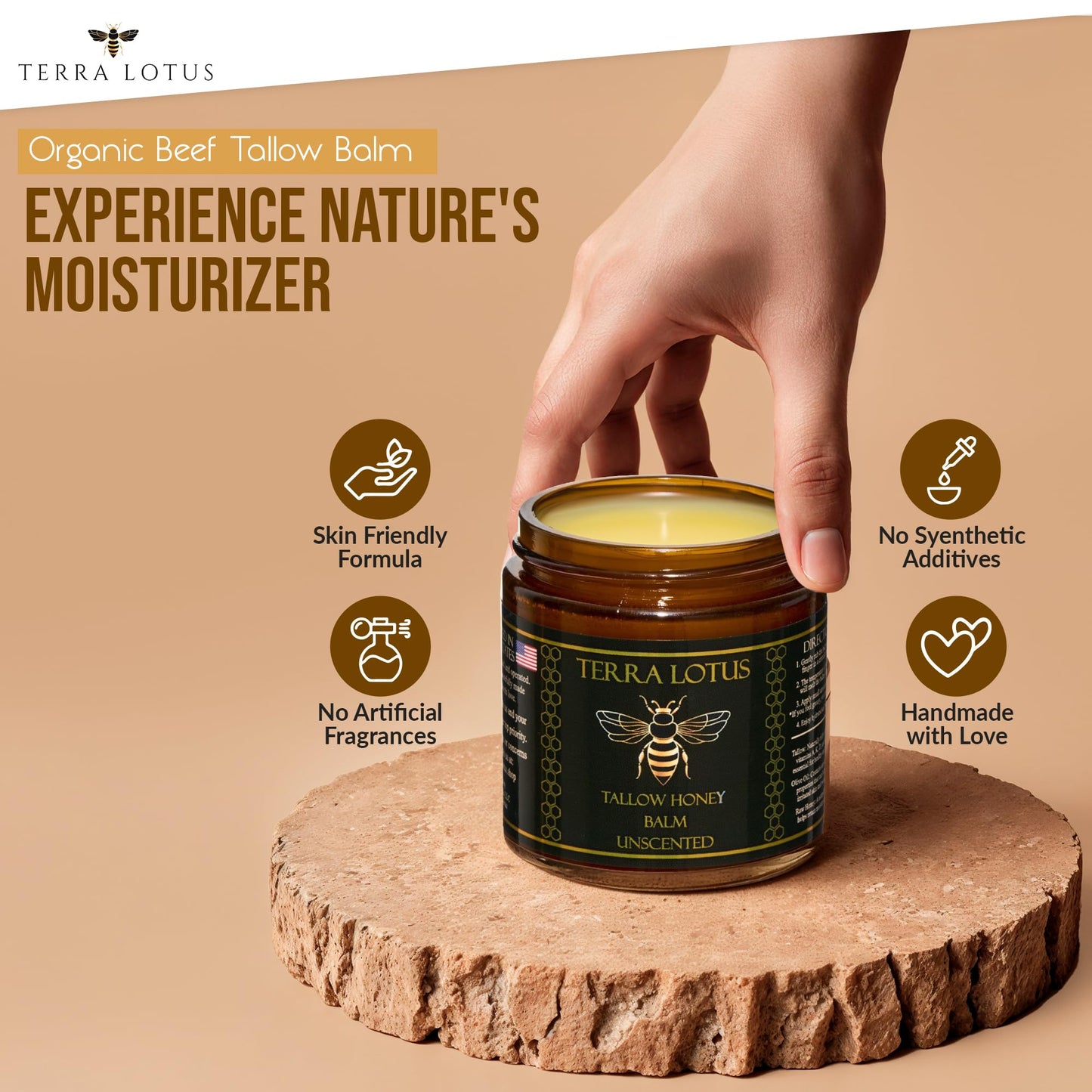 Terra Lotus Organic Grass-Fed Beef Tallow Balm with Raw Honey – Unscented 4oz