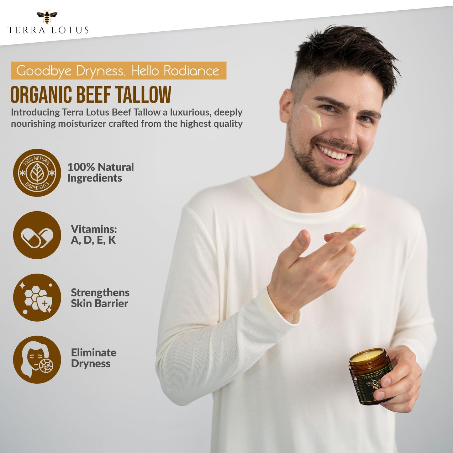 Terra Lotus Organic Grass-Fed Beef Tallow Balm with Raw Honey – Unscented 4oz