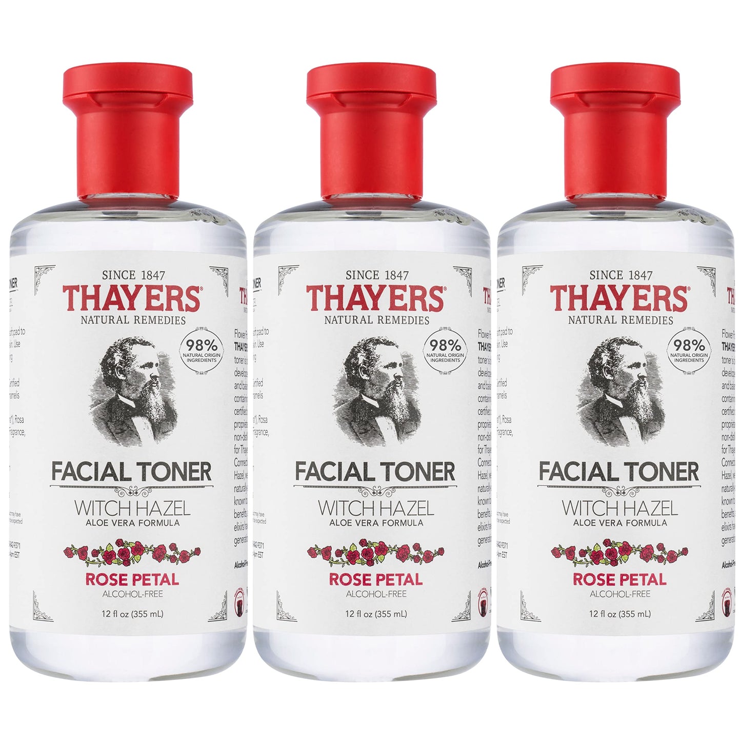 THAYERS Alcohol-Free Rose Petal Witch Hazel Toner with Aloe Vera, 12 Oz (Pack of 3)