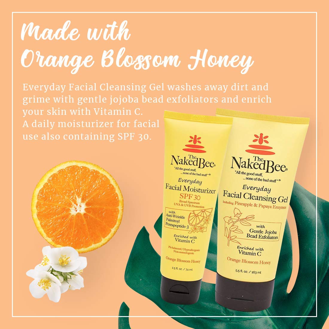 The Naked Bee Orange Blossom Honey 2-Piece Facial Care Set – Exfoliating Cleansing Gel + SPF30 Moisturizer