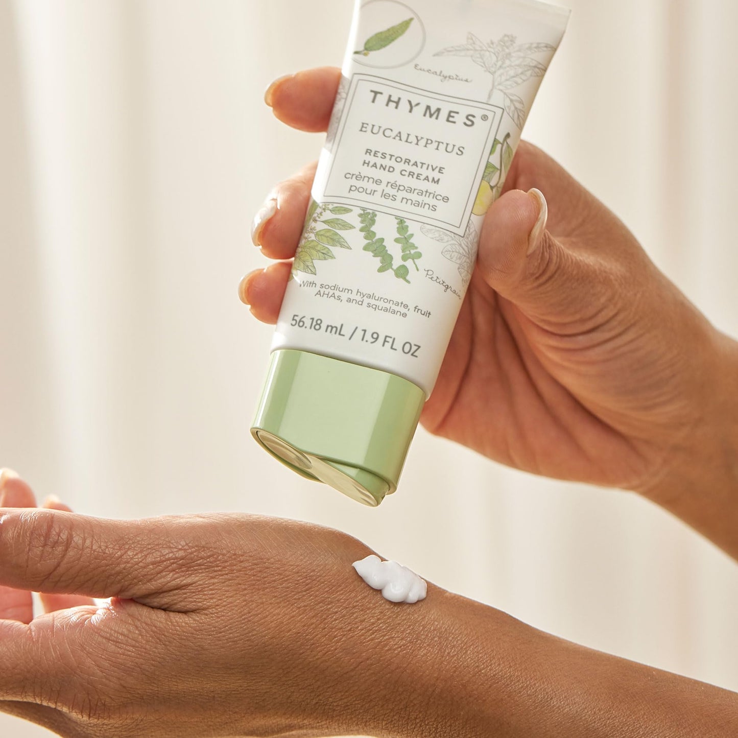 Thymes Restorative Hand Cream – Travel-Size Moisturizer with Eucalyptus, Lemon, Bergamot & Fir (1.9 fl oz)