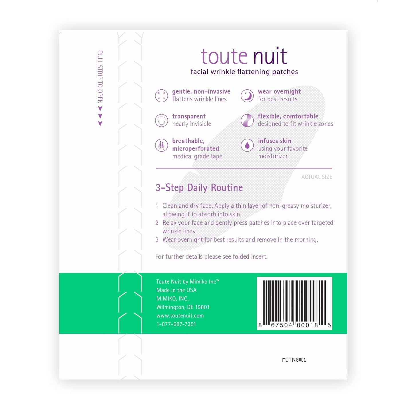 Toute Nuit Wrinkle Patches – Grooves for Maximum Forehead Coverage | Hypoallergenic, Made in USA (Pack of 2, 20 per pack)