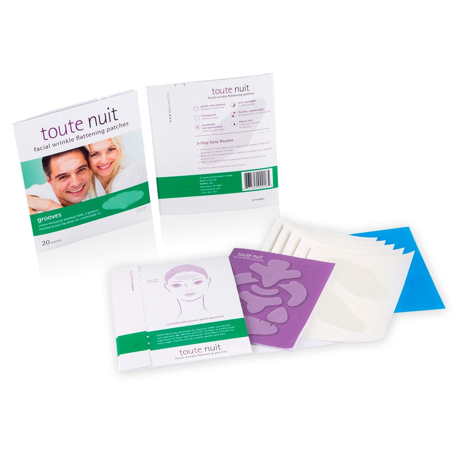 Toute Nuit Wrinkle Patches – Grooves for Maximum Forehead Coverage | Hypoallergenic, Made in USA (Pack of 2, 20 per pack)