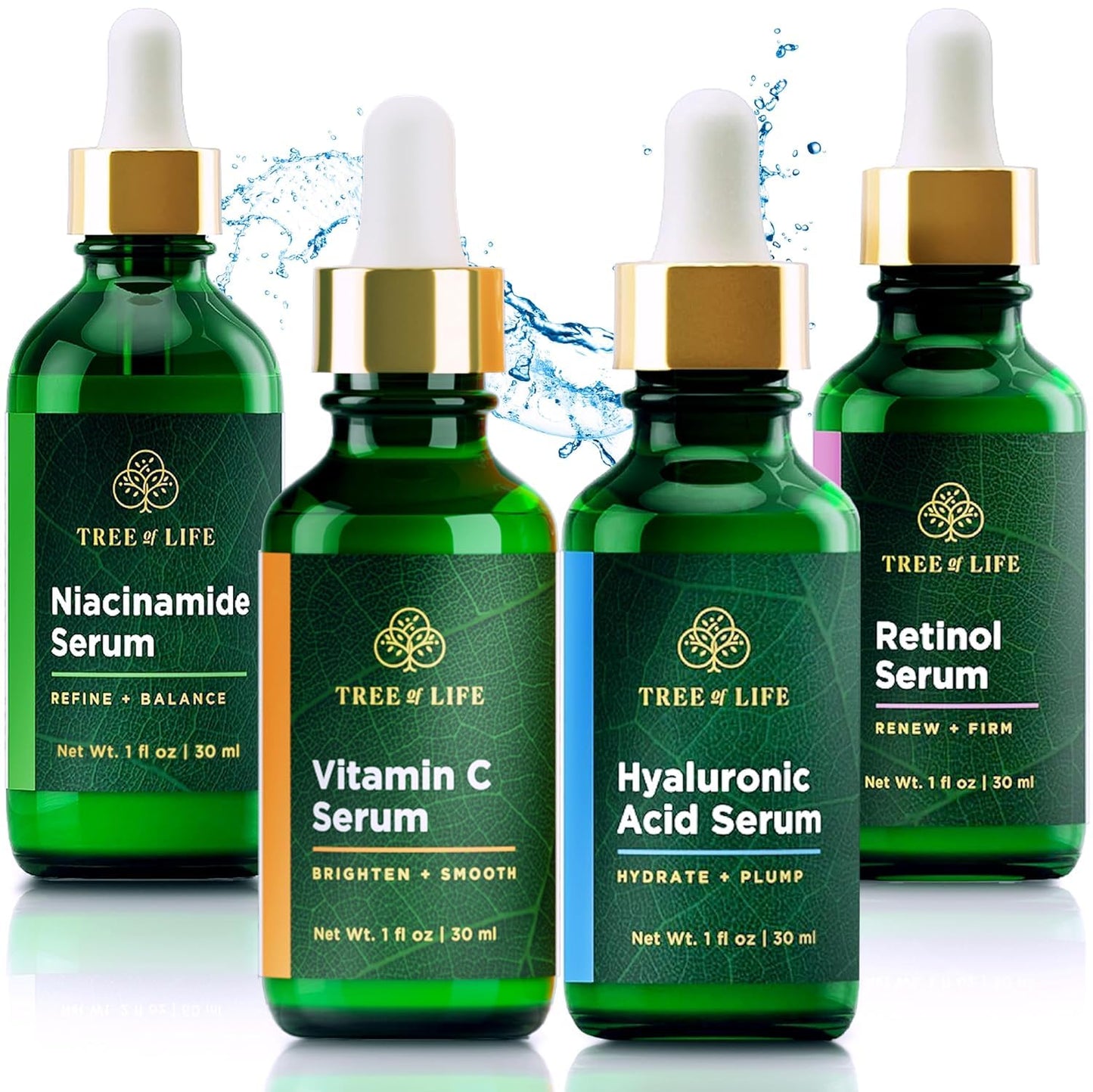 Tree of Life Beauty Facial Skin Care Set – Niacinamide, Vitamin C, Retinol & Hyaluronic Acid Serums (4 x 1 fl oz)
