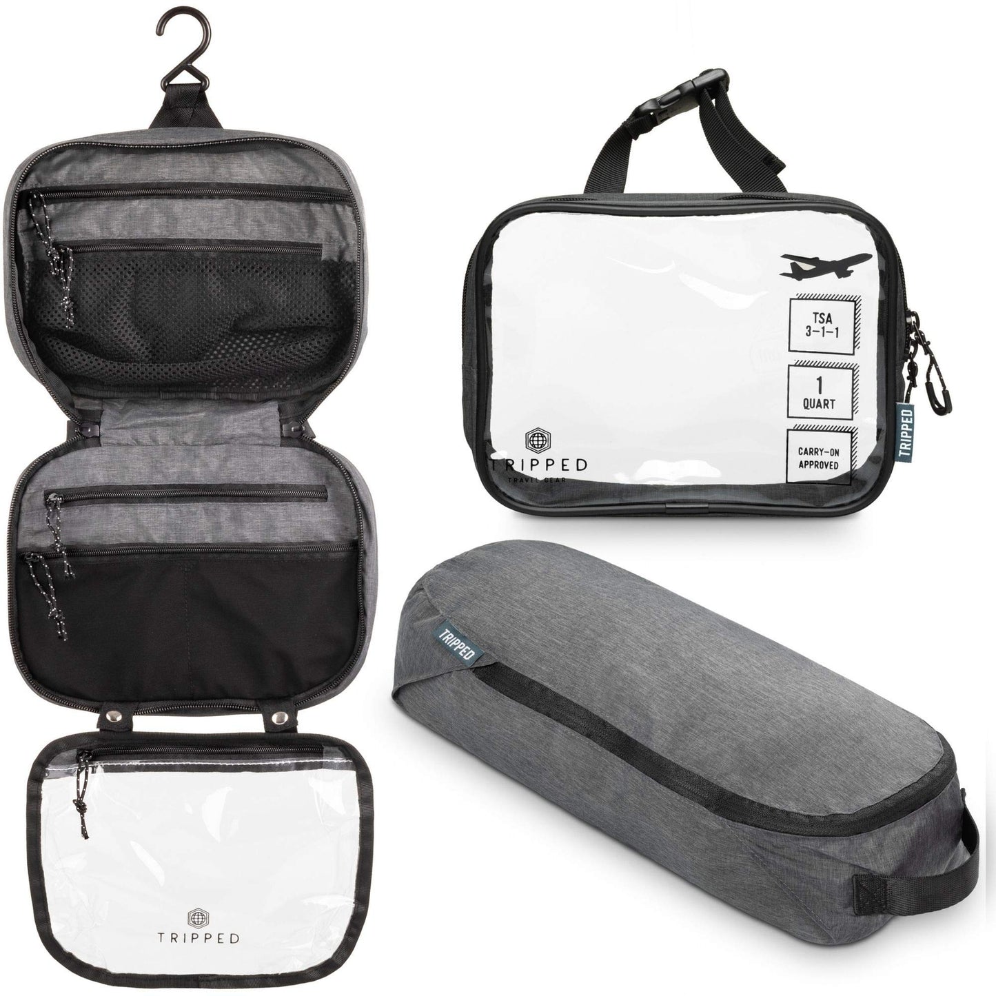TRIPPED Toiletry Bag Set — Hanging Bag + TSA 311 Liquids Bag + Ultralight Organizer (Grey)