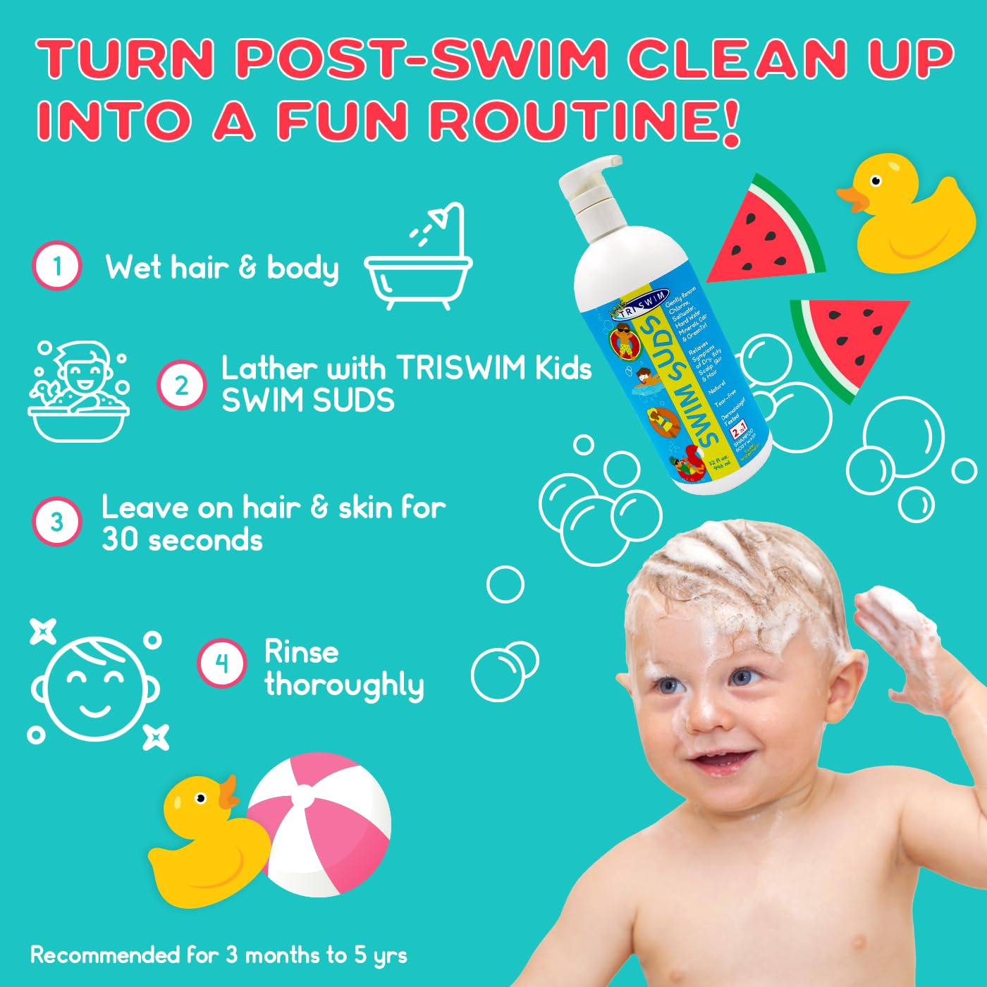 TRISWIM Kids Suds 2-in-1 Tear-Free Shampoo & Body Wash, 32 oz – Watermelon Scent
