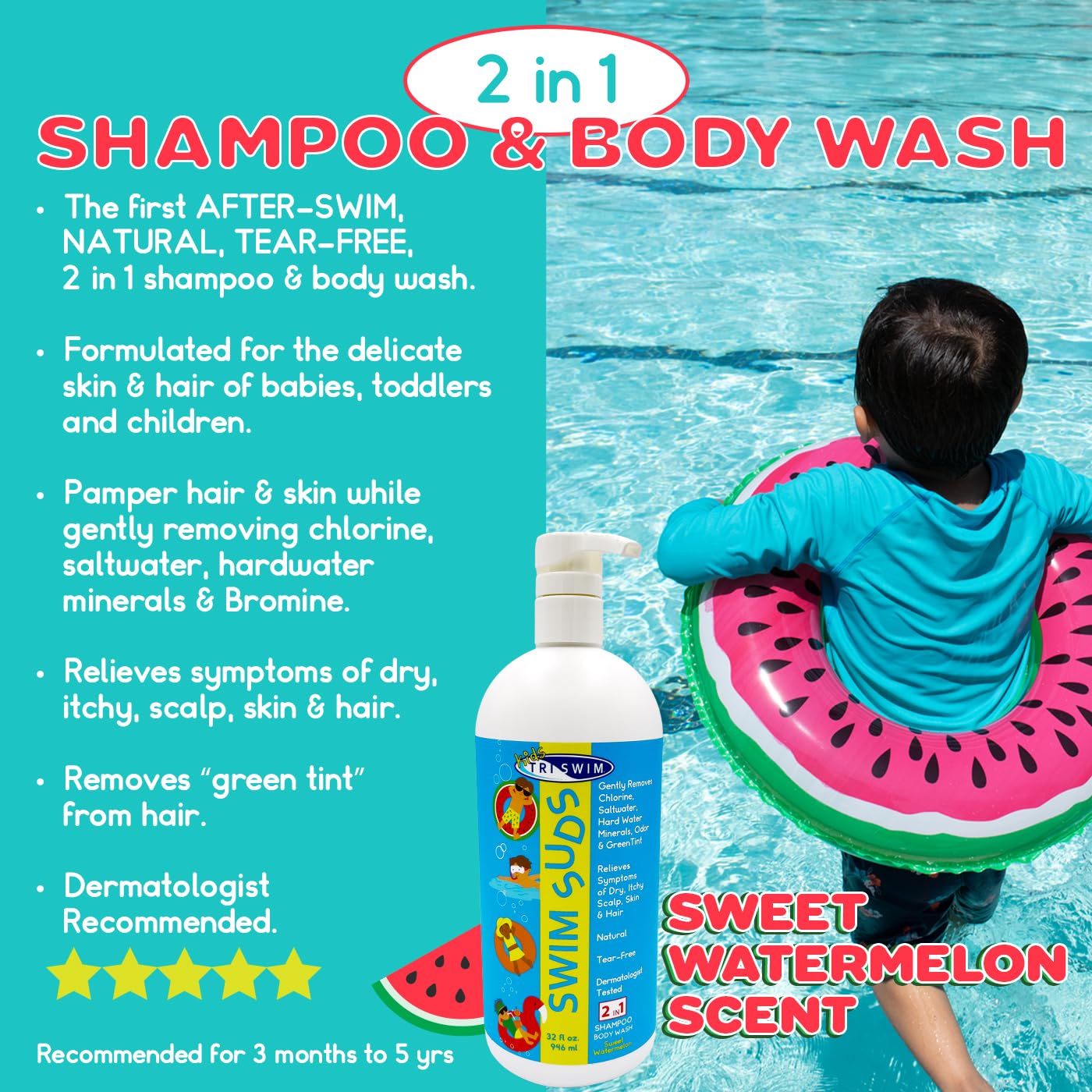 TRISWIM Kids Suds 2-in-1 Tear-Free Shampoo & Body Wash, 32 oz – Watermelon Scent