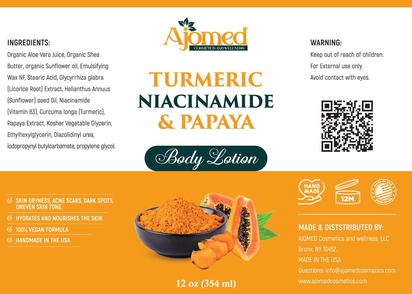 Turmeric Body Lotion with Niacinamide & Papaya – Handmade Moisturizer for All Skin Types | Even Tone, Dark Spots, Acne Scars