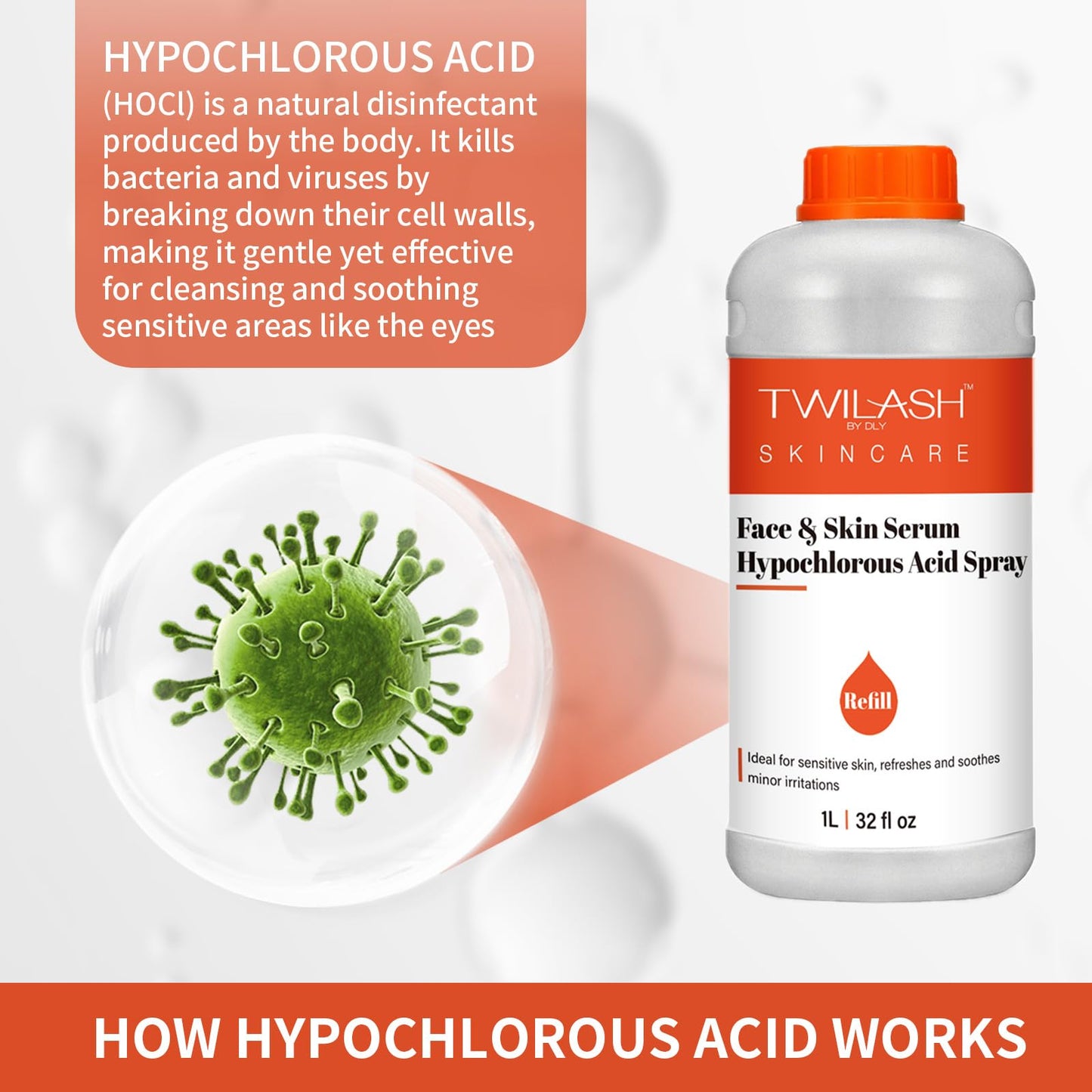 TWILASH BY DLY HOCl Spray Refill | Alcohol-Free Face & Skin Cleanser (32 oz)