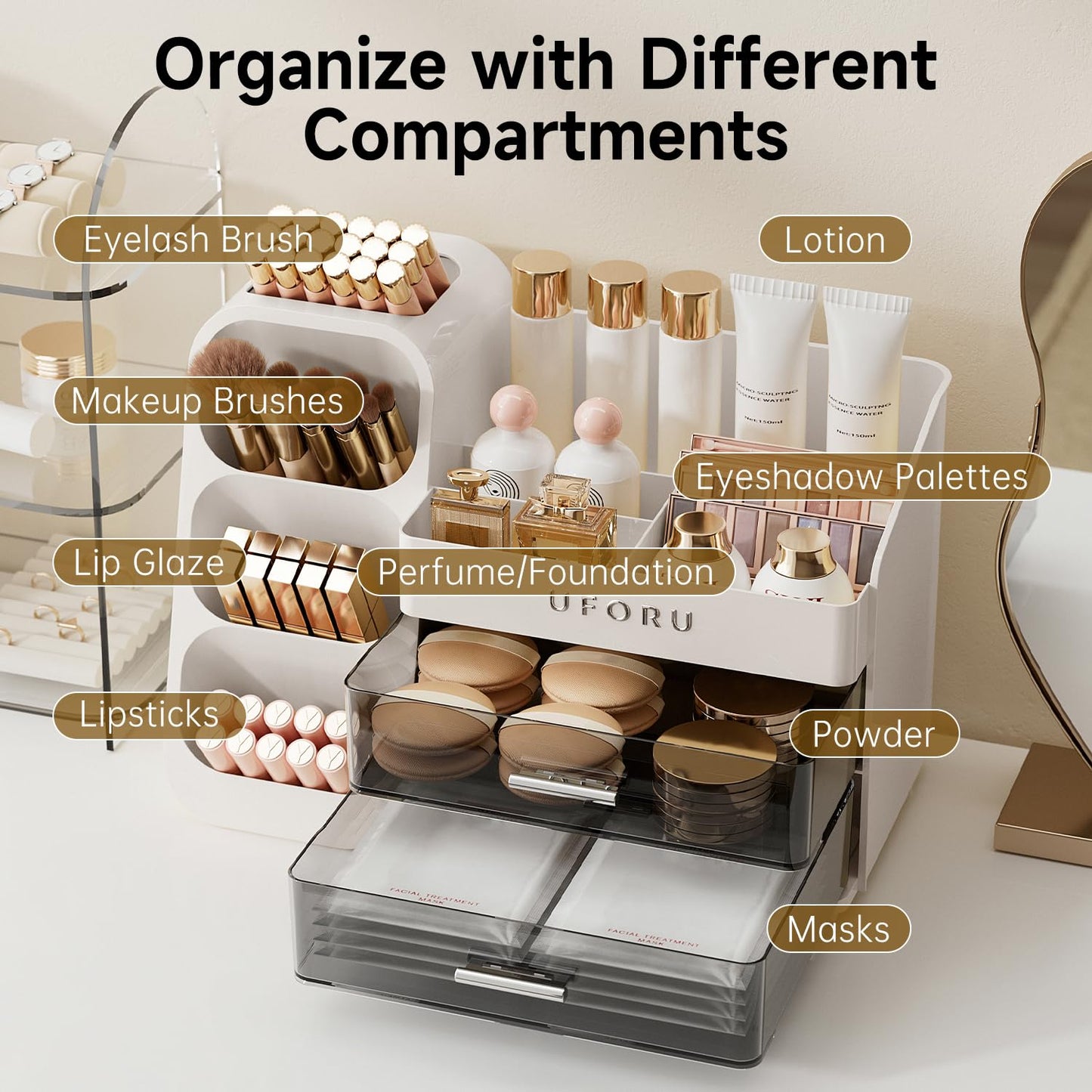 UFORU Makeup Organizer for Vanity — Brush Holder, 2 Drawers, Skincare & Perfume Display