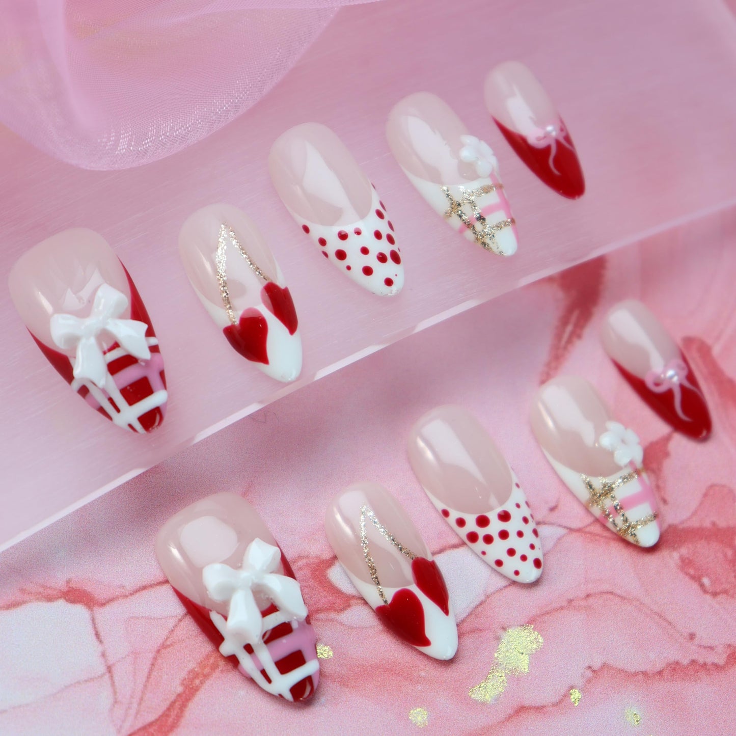 UNIYVOH Almond Press On Nails – Handmade Stiletto 3D Flower Design (Valentine Red French, Size S)