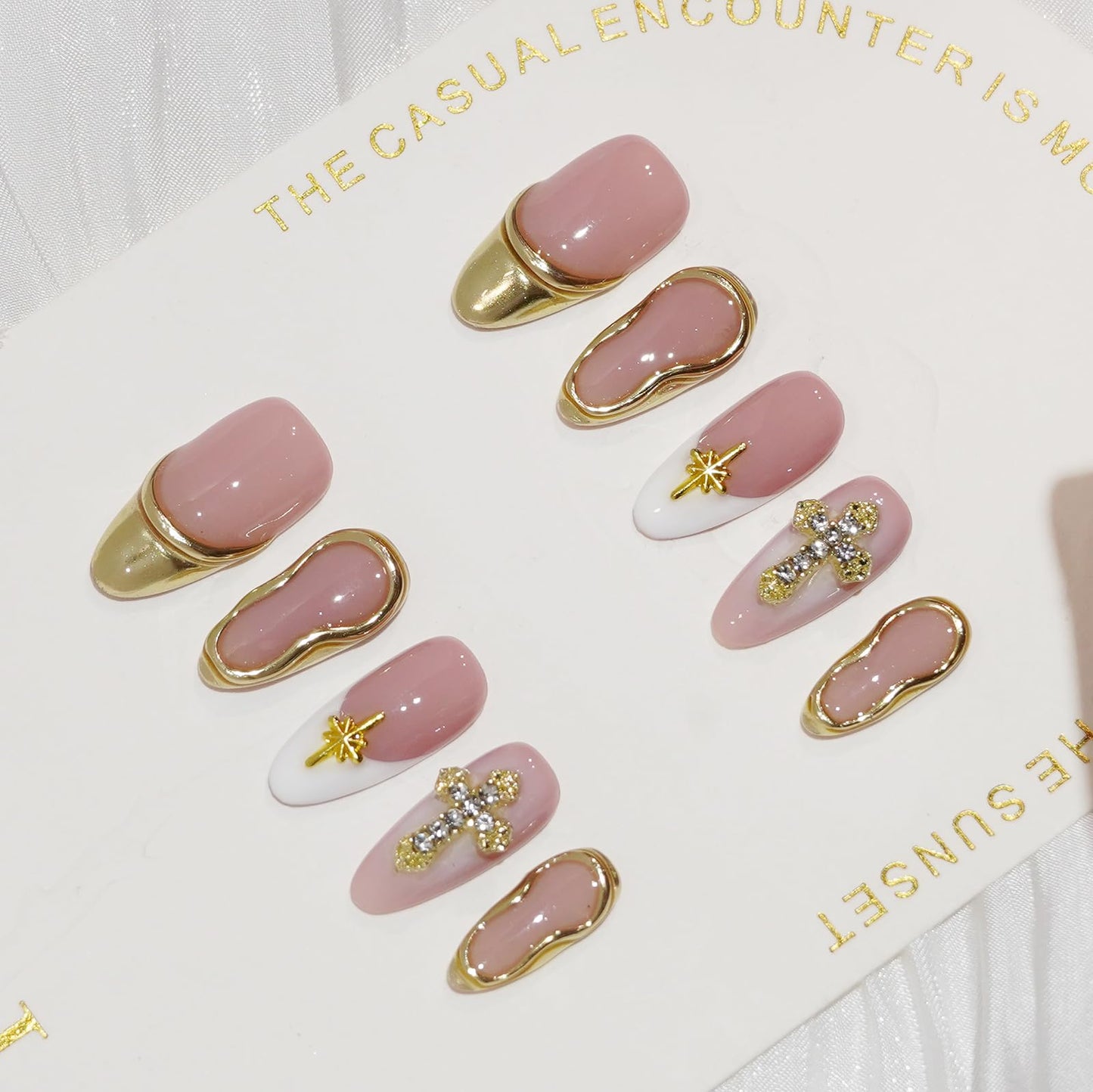 Vanesseva 10pc Handmade Press On Nails – Medium Almond, 3D Flowers & Chrome Shell