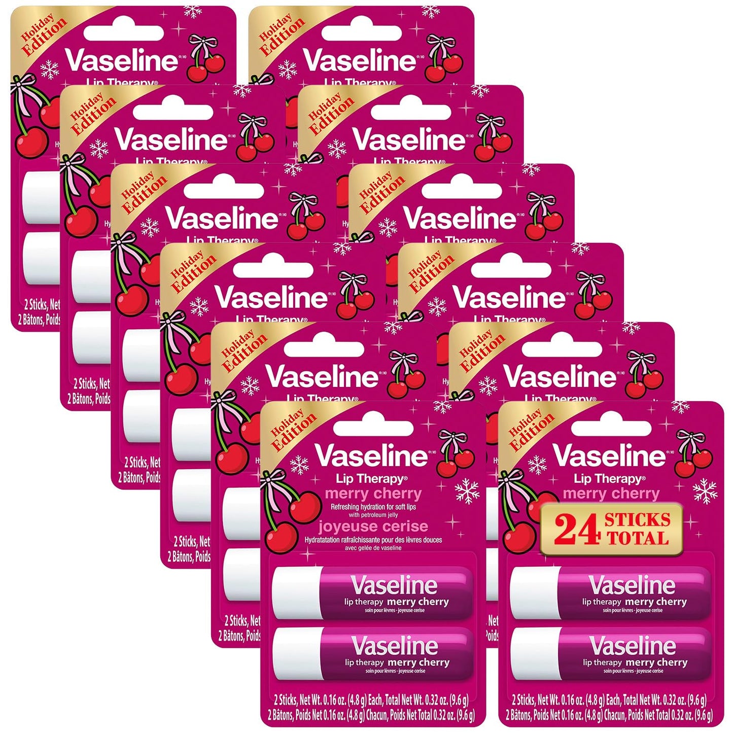 Vaseline Lip Therapy Merry Cherry Lip Balm Bulk – 24 Sticks in 12 Twin Packs