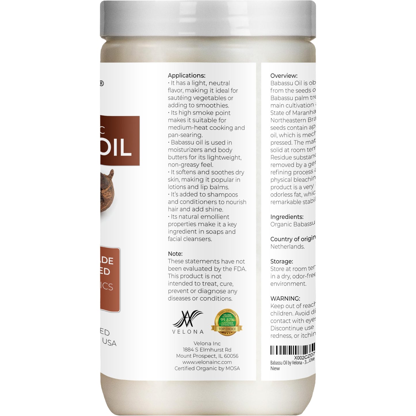 Velona Babassu Oil USDA Organic — 64 Fl Oz Pure Carrier Oil for Skin, Hair, Body & Cooking