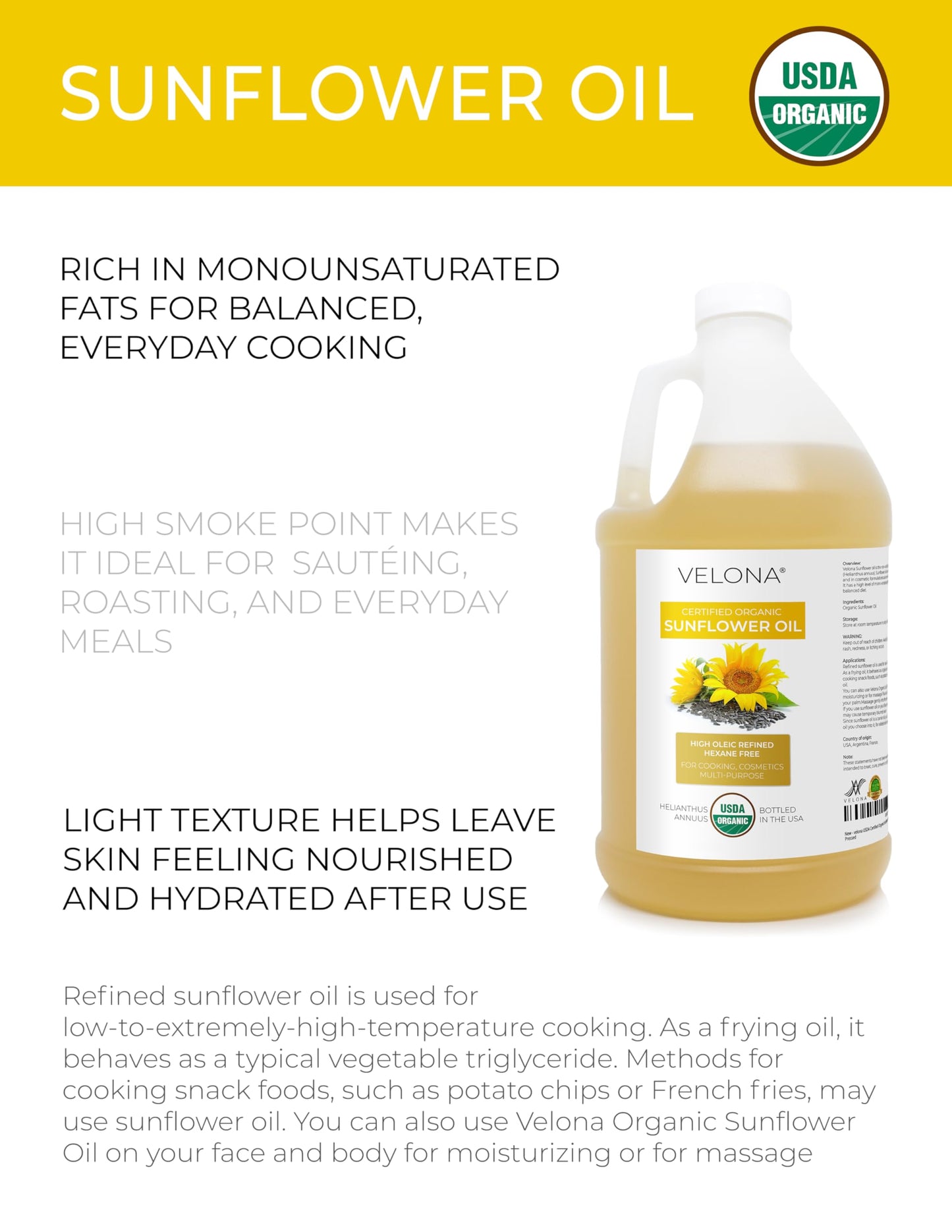 Velona USDA Organic Sunflower Oil 1gal – Refined High Oleic Carrier Oil for Cooking & Skin