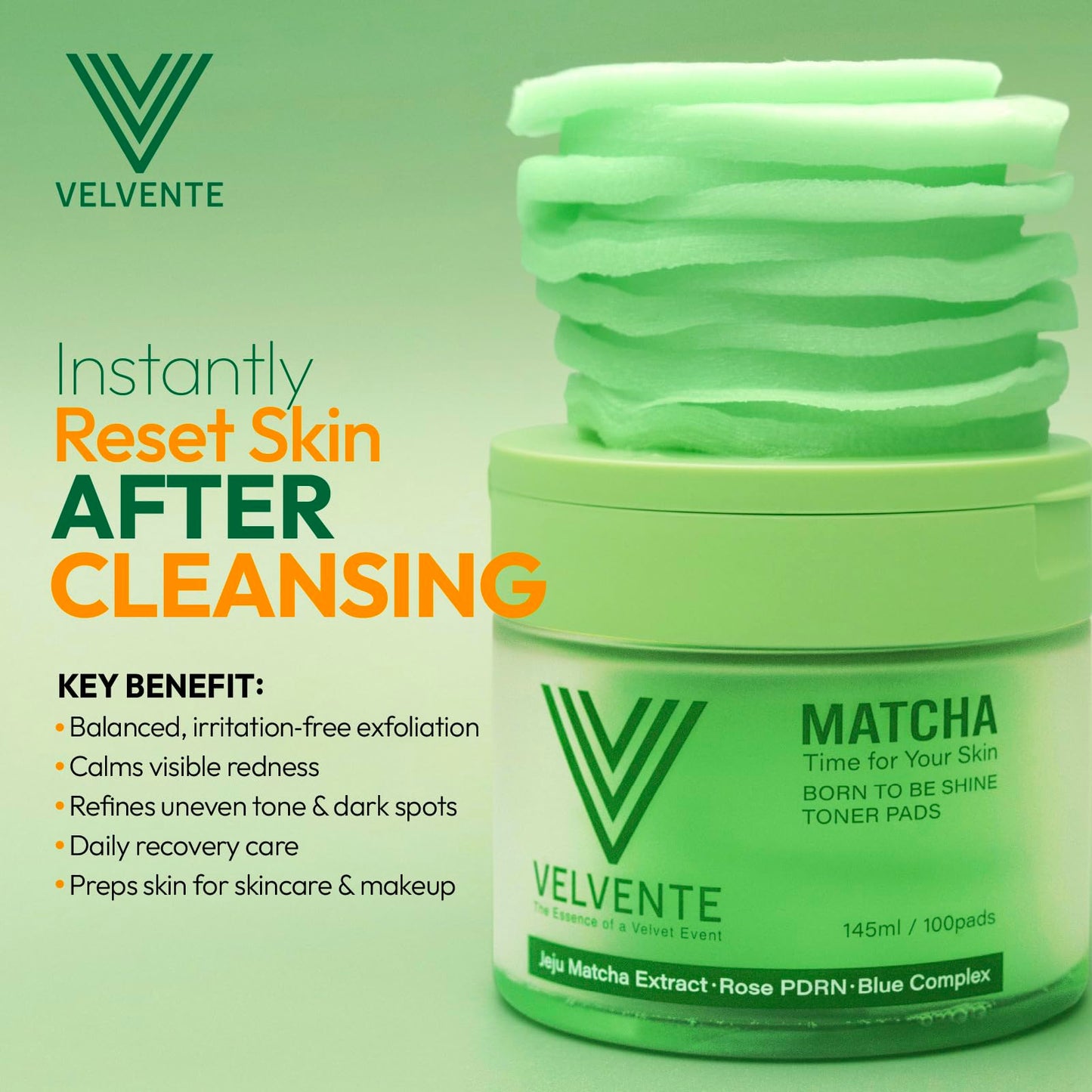 Velvente Matcha Toner Pads | Recovery & Refining with Rose PDRN, 100 Pads