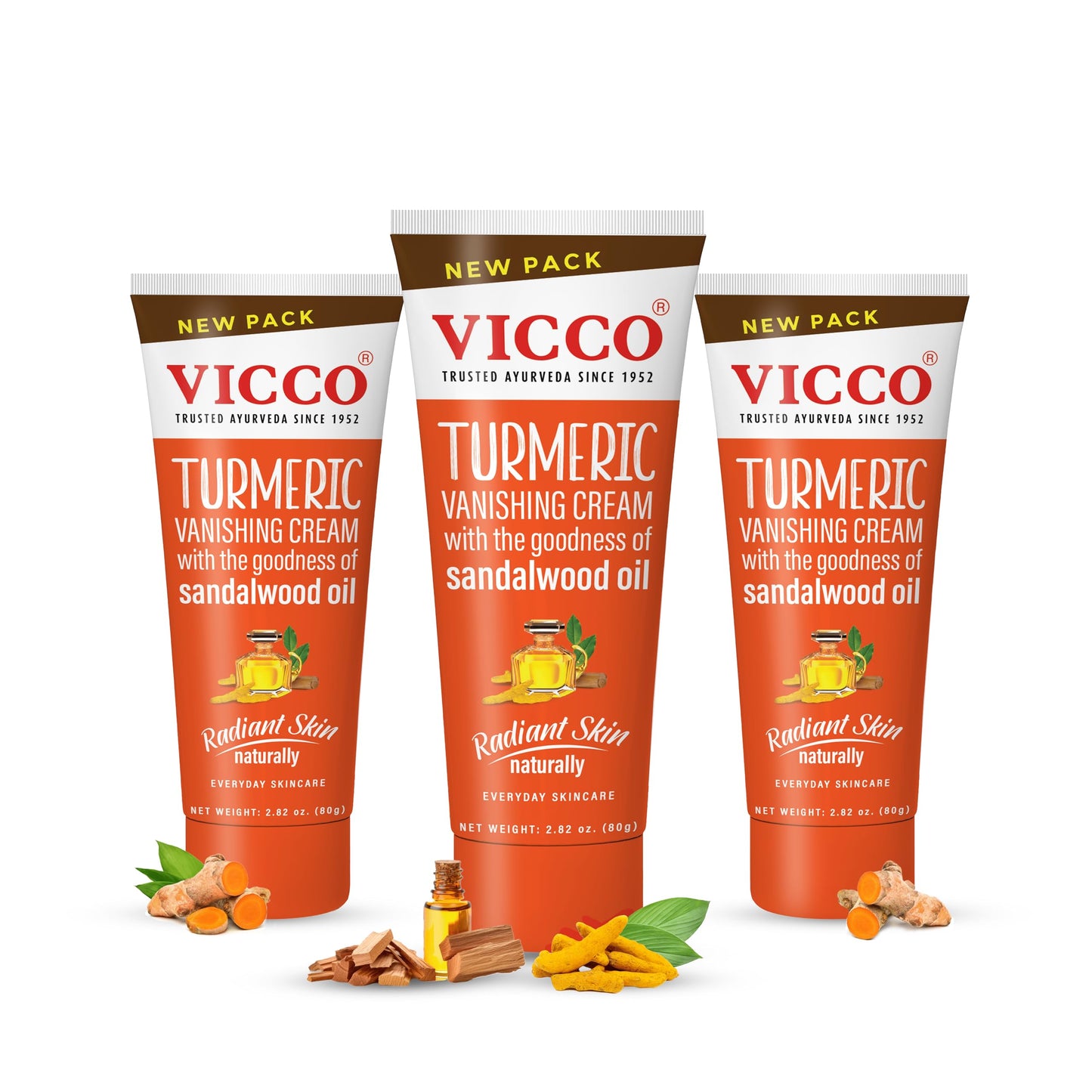 Vicco Turmeric Face Moisturizer Cream with Sandalwood Oil – 70-Year Ayurveda Legacy, Hydrating Natural Turmeric, Vegan, 3 x 2.82 oz