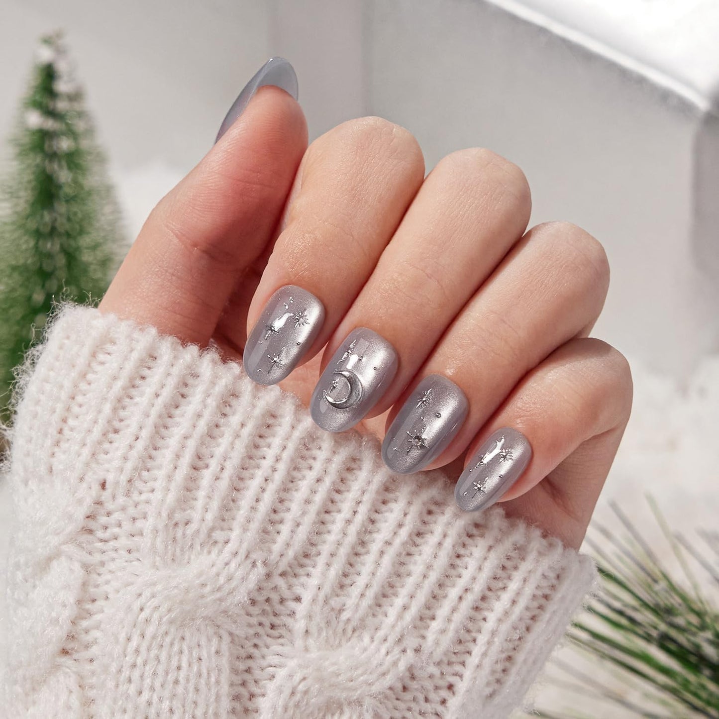 VSALON Press On Nails Short Oval – Silver Gray Cat Eye, 3D Star Moon Design