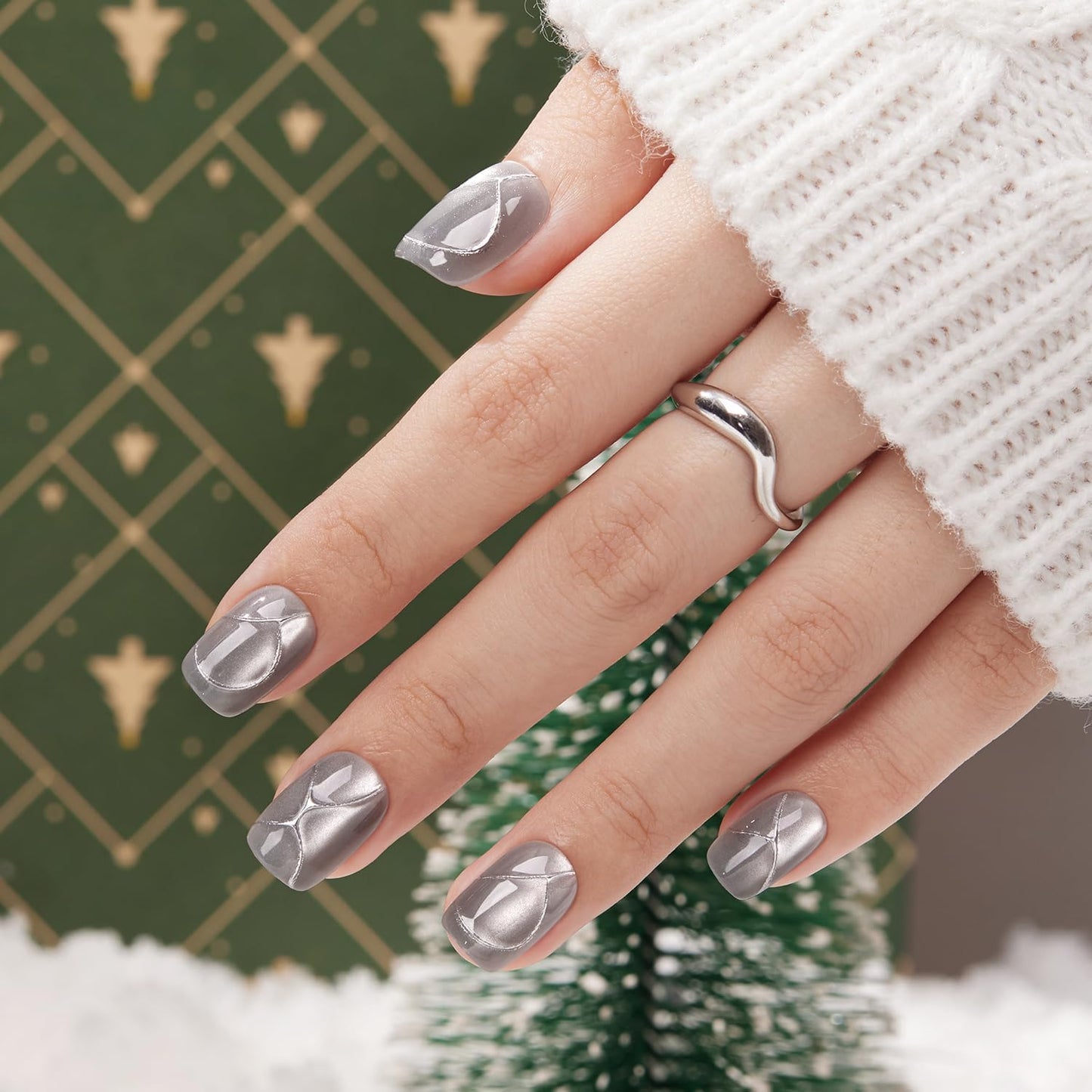 VSALON Press On Nails Short Square – Silver Gray Cat Eye Gloss, 32 Pcs, 16 Sizes, Glue & Cuticle Oil