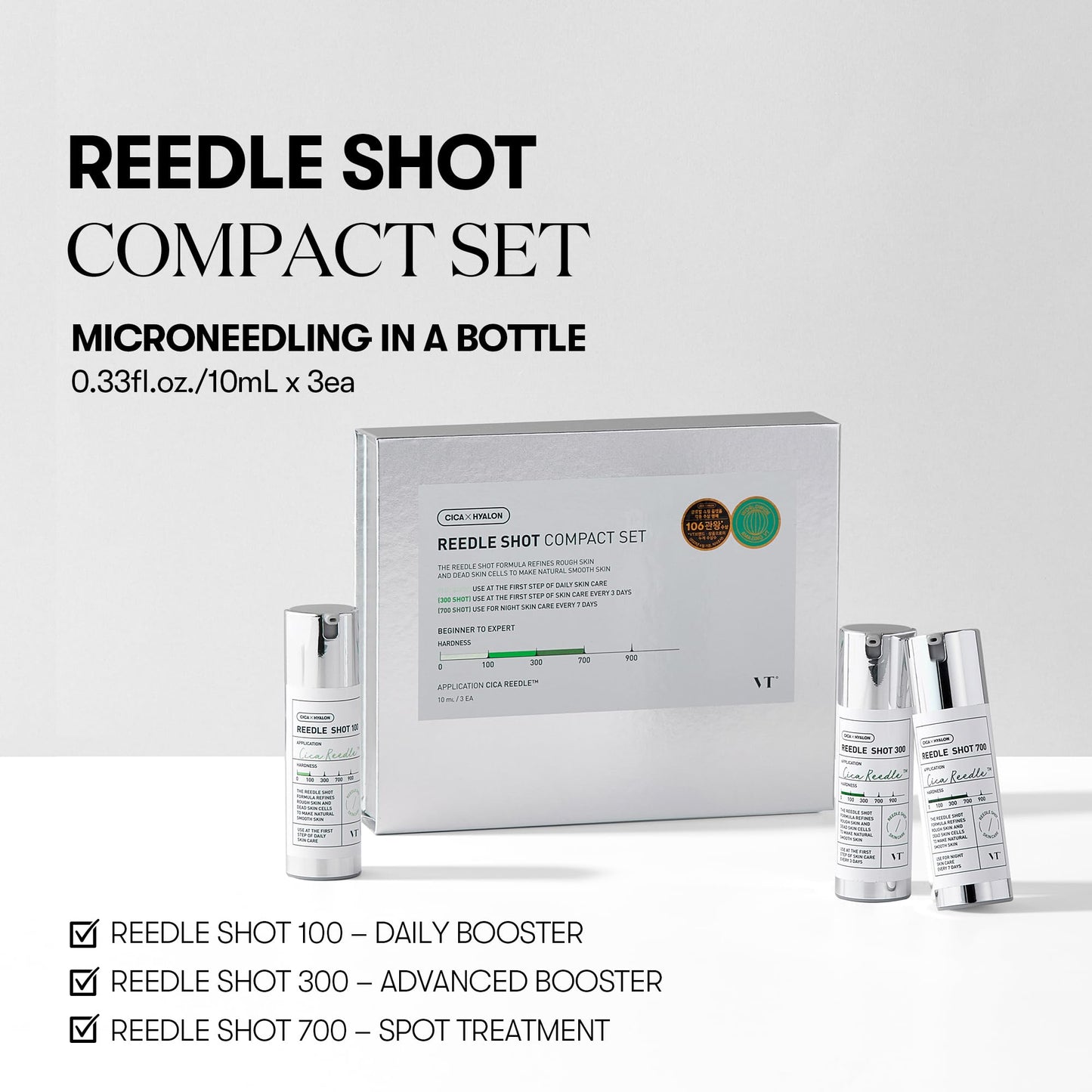 VT COSMETICS Reedle Shot Compact Set – Microneedling Serum Gift Set (100/300/700) 0.34 oz Each