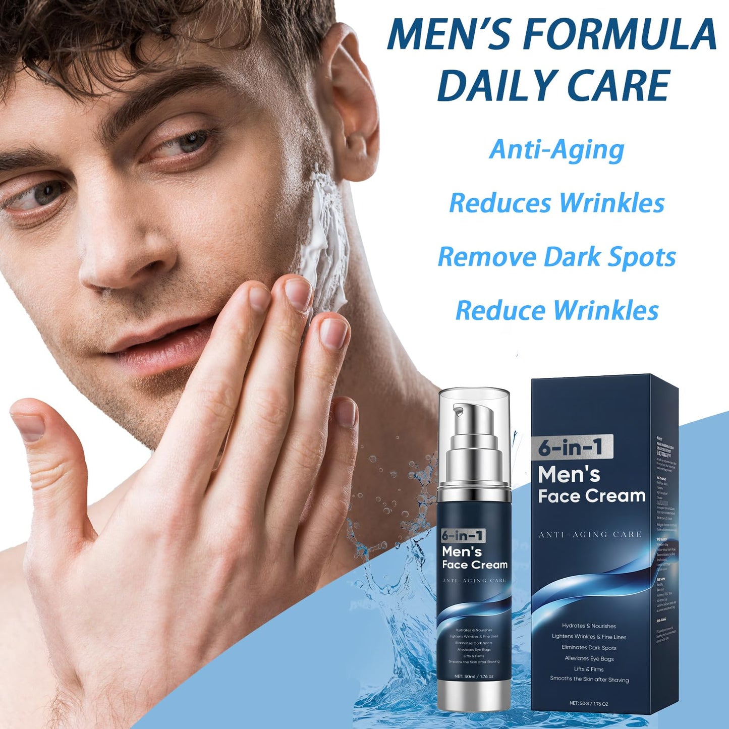 WAESKI 6-in-1 Face Cream for Men – Anti-Aging Moisturizer with Collagen, Hyaluronic Acid & Shea Butter | Reduces Wrinkles, Dark Circles & Puffiness | 1.76 fl oz