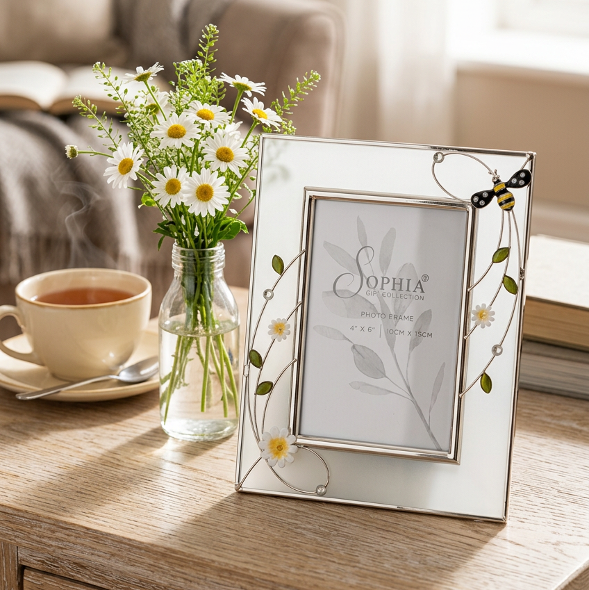 A square silver picture frame with decorative floral and insect accents, shown on a plain white background. The frame features silver-toned vines with green leaves, white daisy-like flowers, and a small bumblebee ornament on the right side.