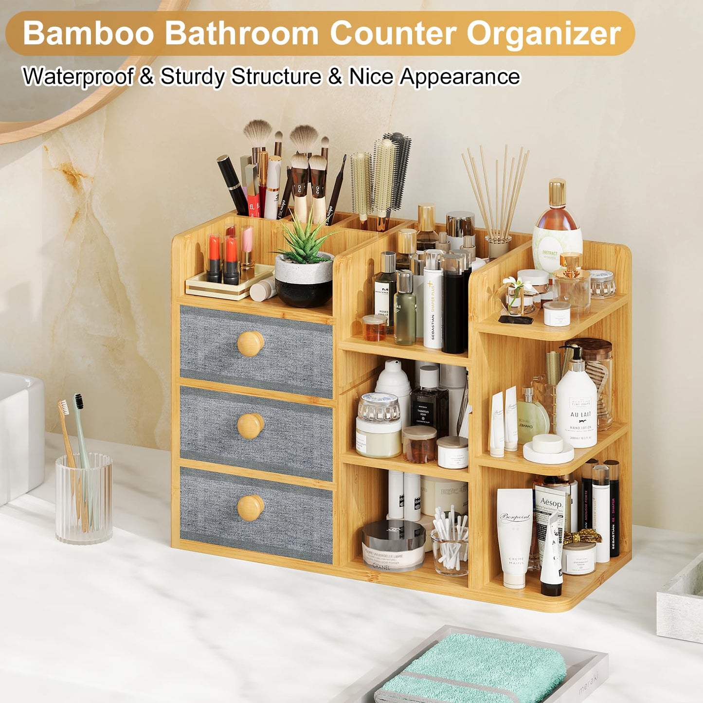 X-cosrack Large Makeup Organizer – 3-Tier Bamboo Vanity & Bathroom Storage