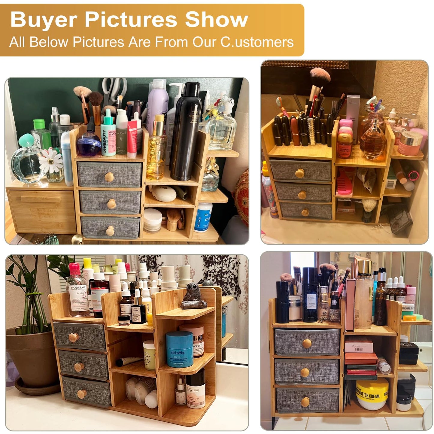 X-cosrack Large Makeup Organizer – 3-Tier Bamboo Vanity & Bathroom Storage