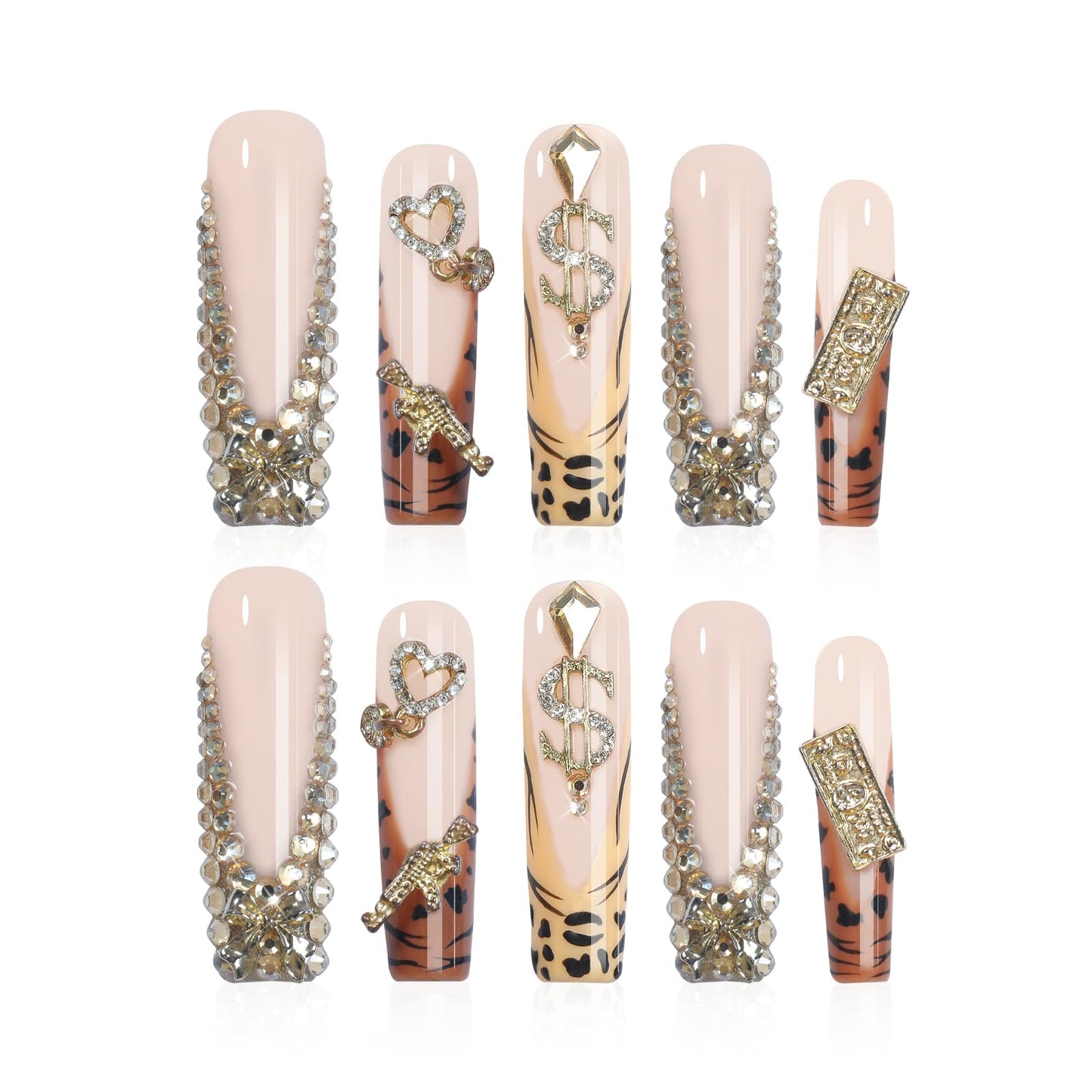 XGV Handmade Press On Nails Long Square – Pink Rhinestones, Reusable Acrylic Nails (10pcs)