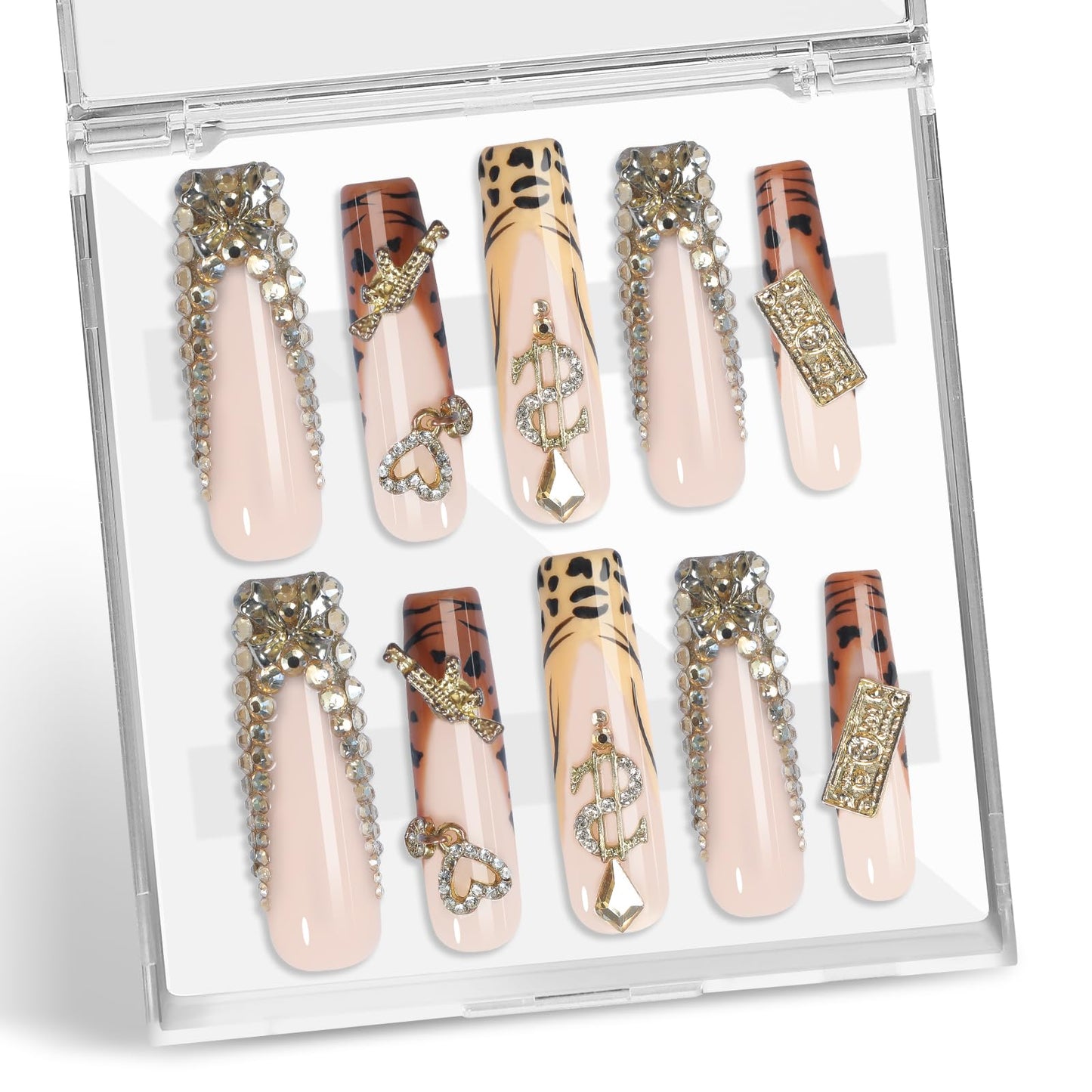 XGV Handmade Press On Nails Long Square – Pink Rhinestones, Reusable Acrylic Nails (10pcs)