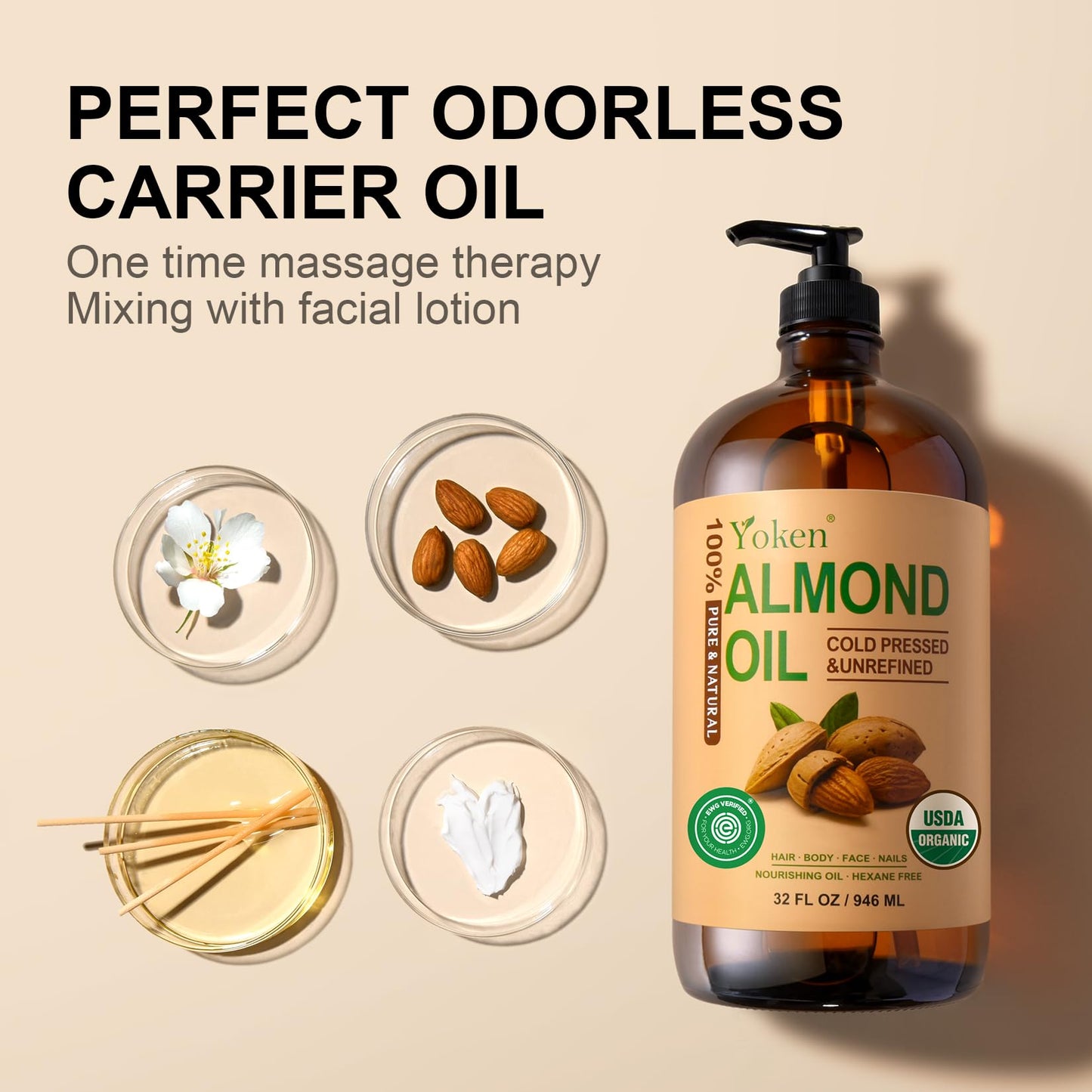 Yoken Organic Almond Oil 32 oz - Cold Pressed in Amber Glass Bottle