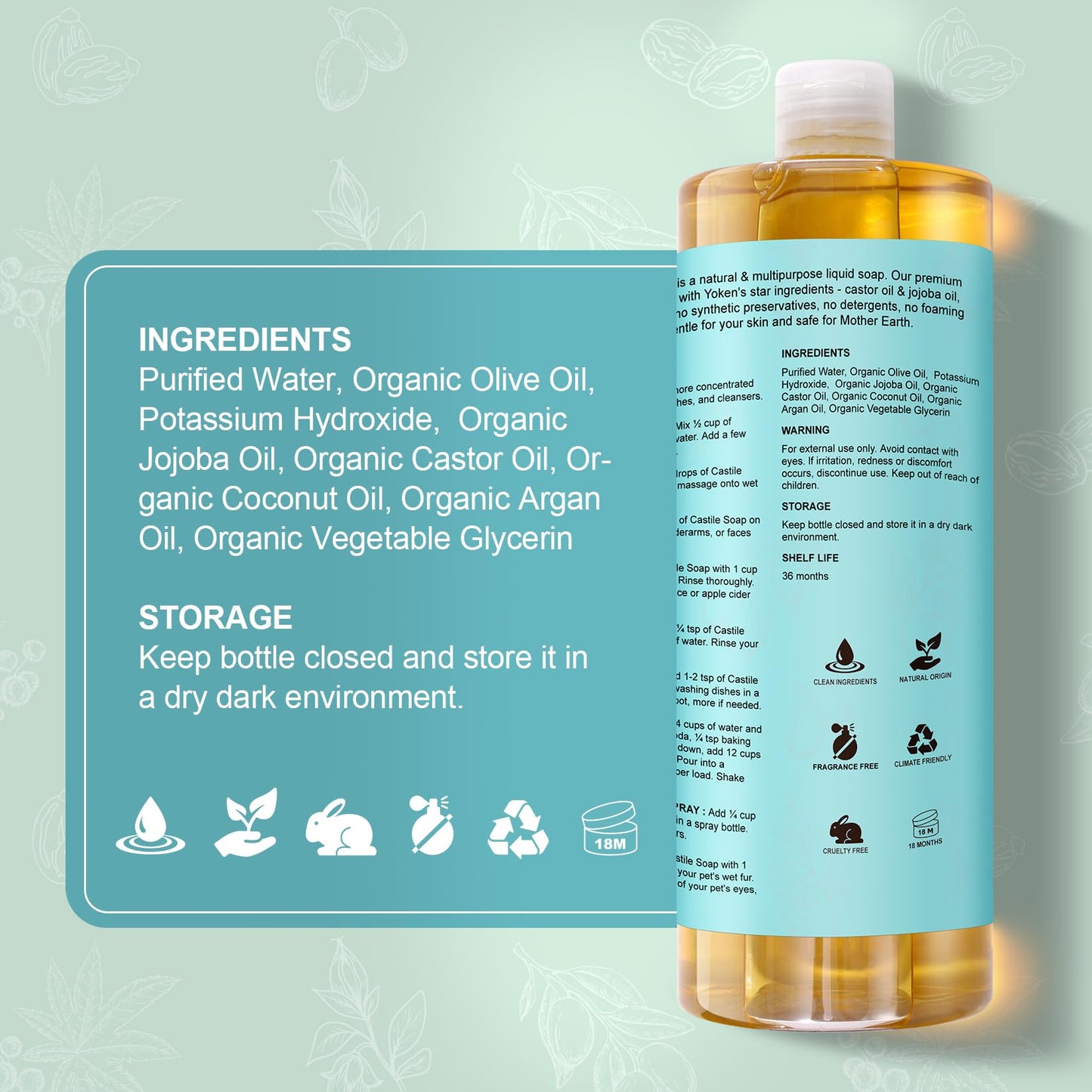 Yoken Pure Castile Soap Liquid Unscented 67oz – Organic Oils, Vegan, No Palm Oil