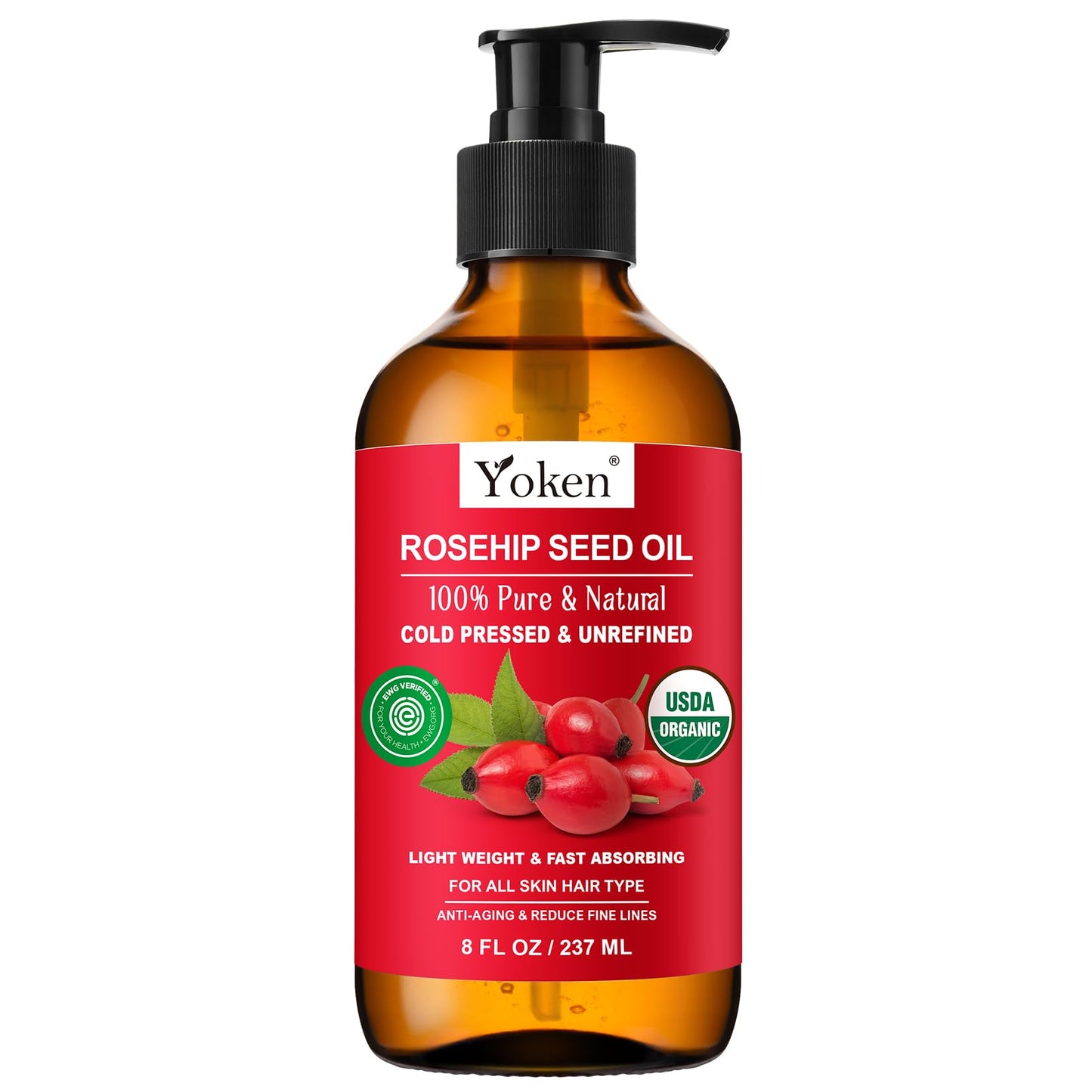 Yoken Rosehip Seed Oil Organic – 100% Pure, Cold-Pressed, 8 oz