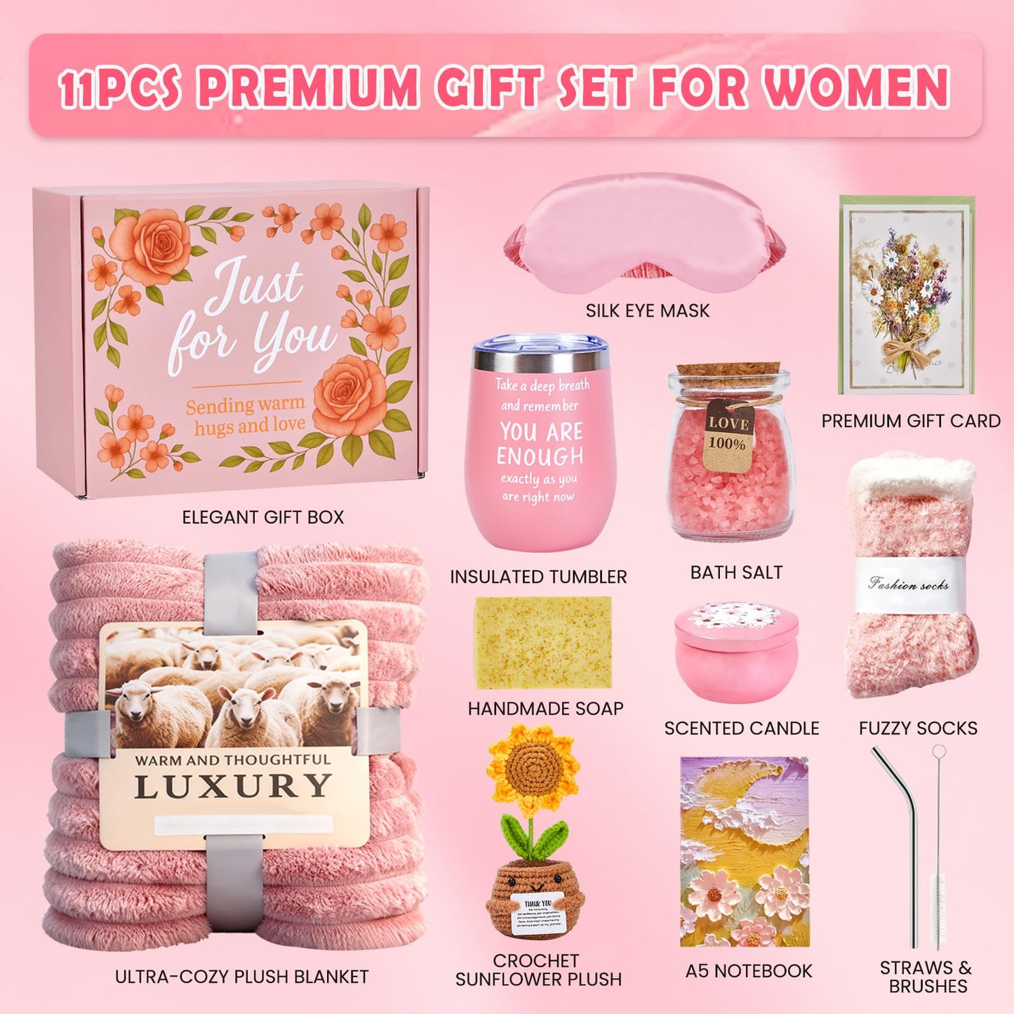ZAHAT Cozy Self-Care Gift Set for Women — Blanket, 12oz Insulated Mug, Socks & More