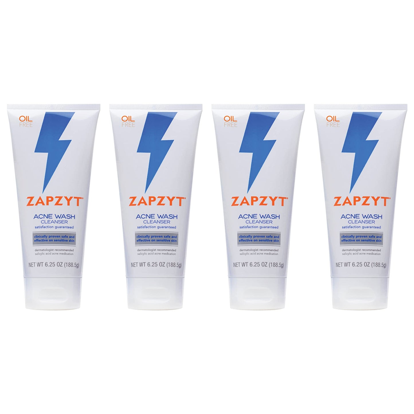 Zapzyt Acne Wash with 2% Salicylic Acid – 6.25 oz (Pack of 4) | Oil-Free, Fragrance-Free