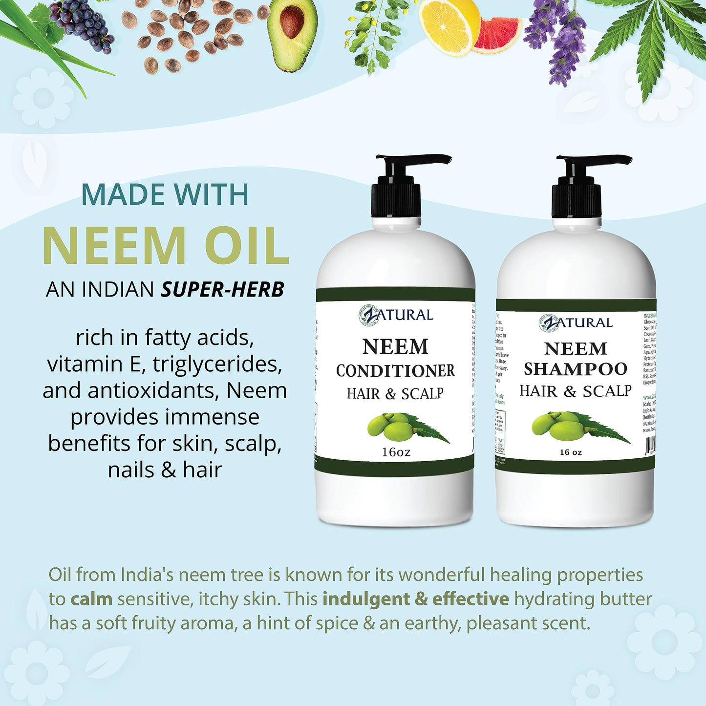 Zatural Neem Shampoo & Conditioner Kit for Sensitive Scalp – Nourish & Balance (16oz each)