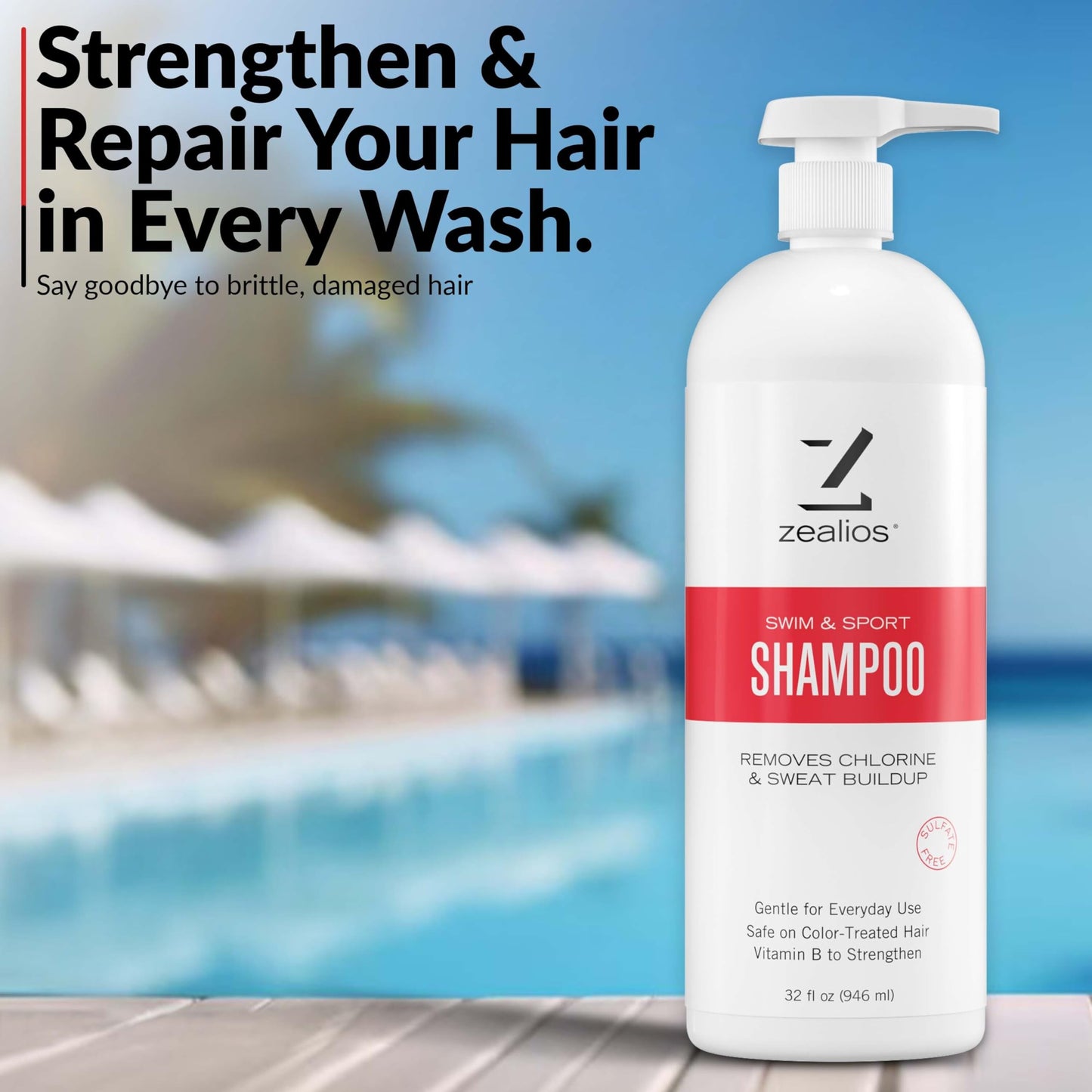 Zealios Swim & Sport Clarifying Shampoo – 32 oz Pump, Chlorine & Salt Removal, Sulfate-Free, Color-Safe