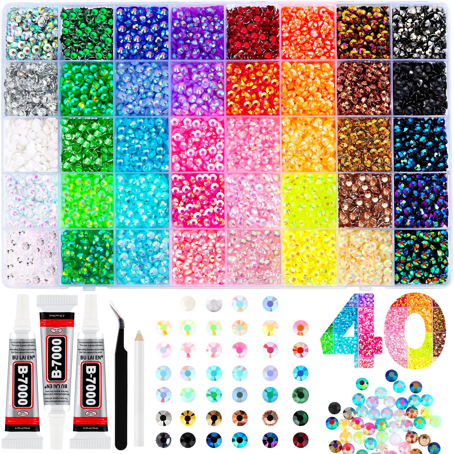 Zefy 40 Colors Resin Jelly Rhinestones Kit – 5mm Flatback Gems, 10,000 Pcs, 3 B7000 Glue, Crafting for Clothing, Shoes, Nails & Diamond Art