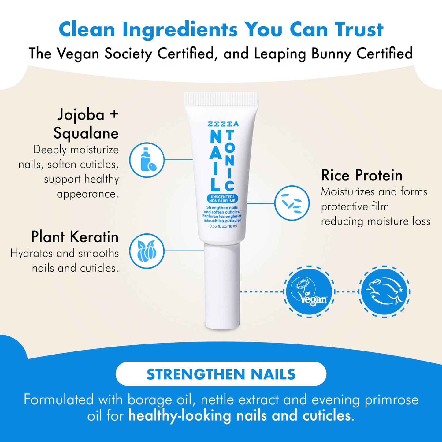 Zizia Botanicals Unscented Nail Tonic – Nourishing Nail & Cuticle Oil with Squalane, Rice Protein & Jojoba | Fragrance-Free, Vegan, Cruelty-Free, 0.33 fl oz